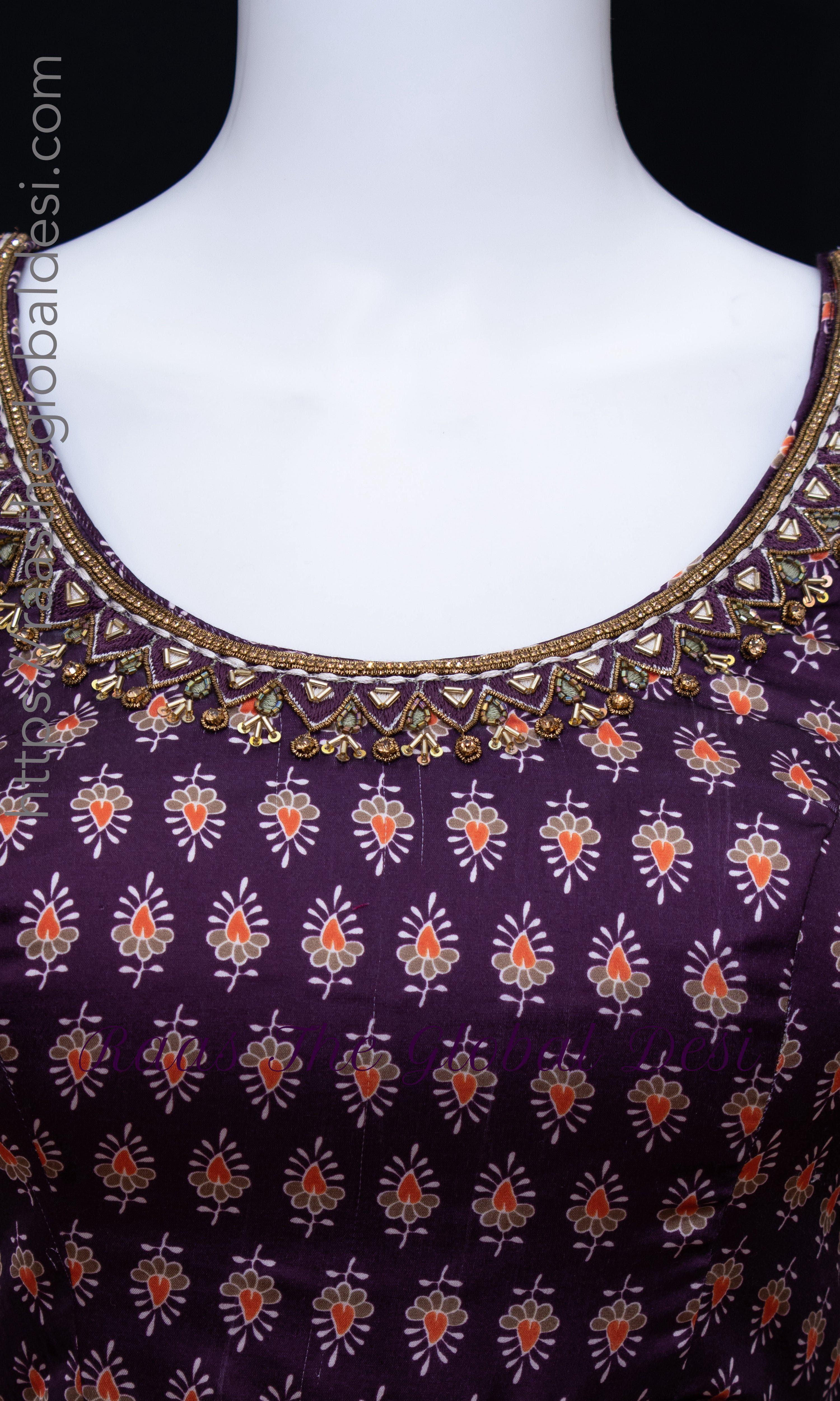 Purple Embroidered Long Dress with Drape - Image 3