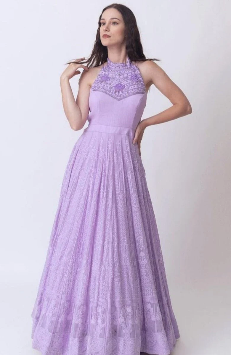 Lilac Embroidered High Neck Gown - Image 3