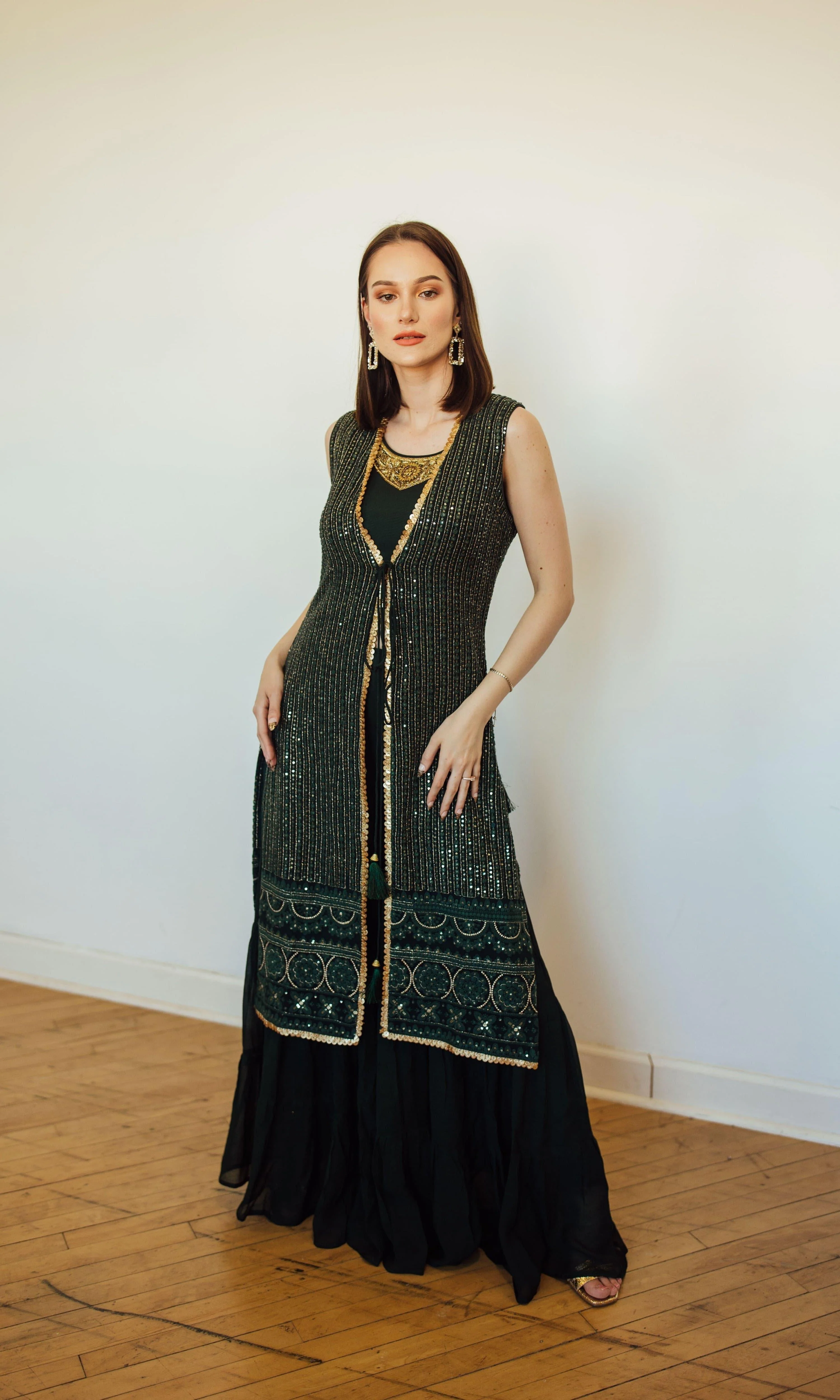 Green Sharara Set with Embroidered Jacket - Image 3
