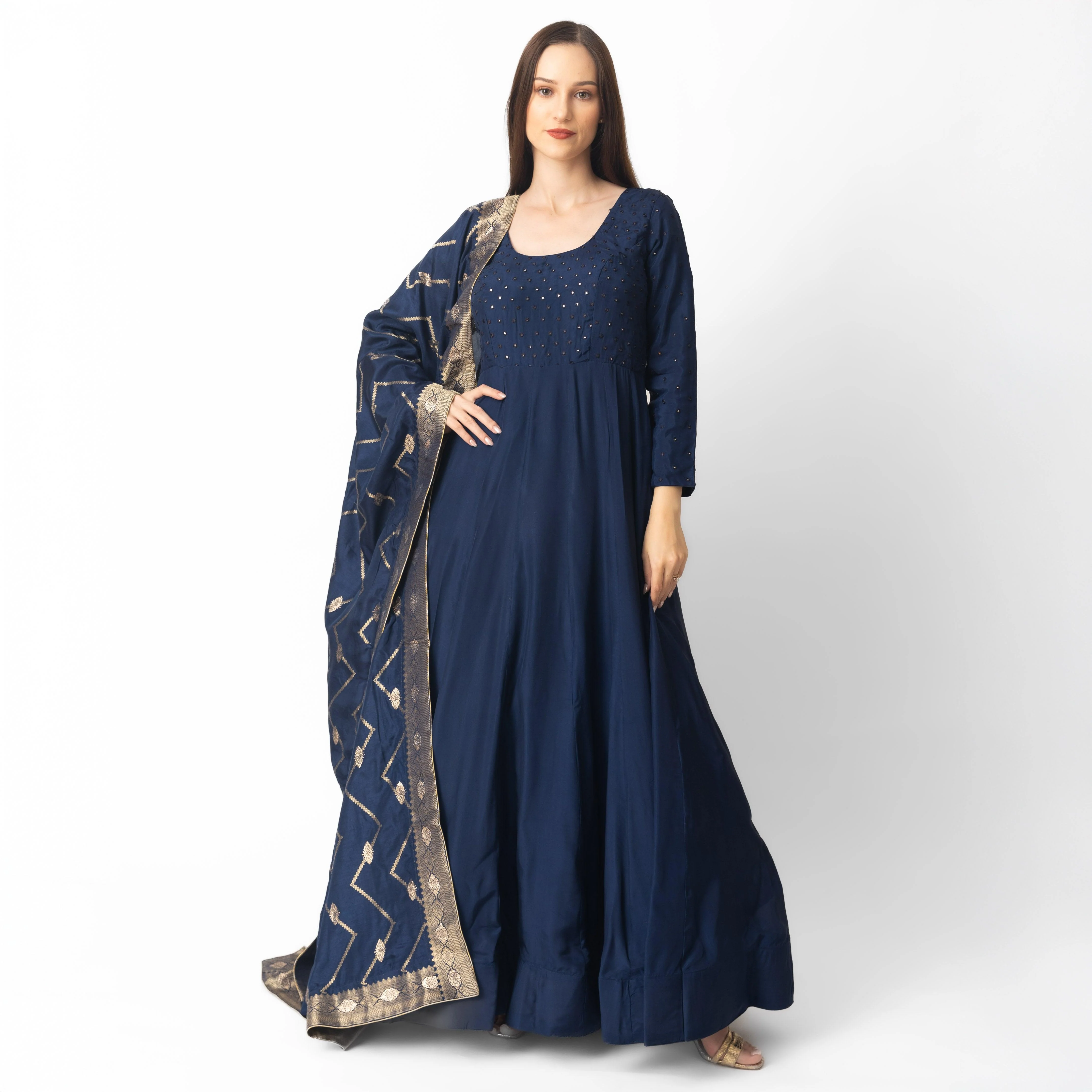 Blue Long Dress with Banarasi Silk Drape