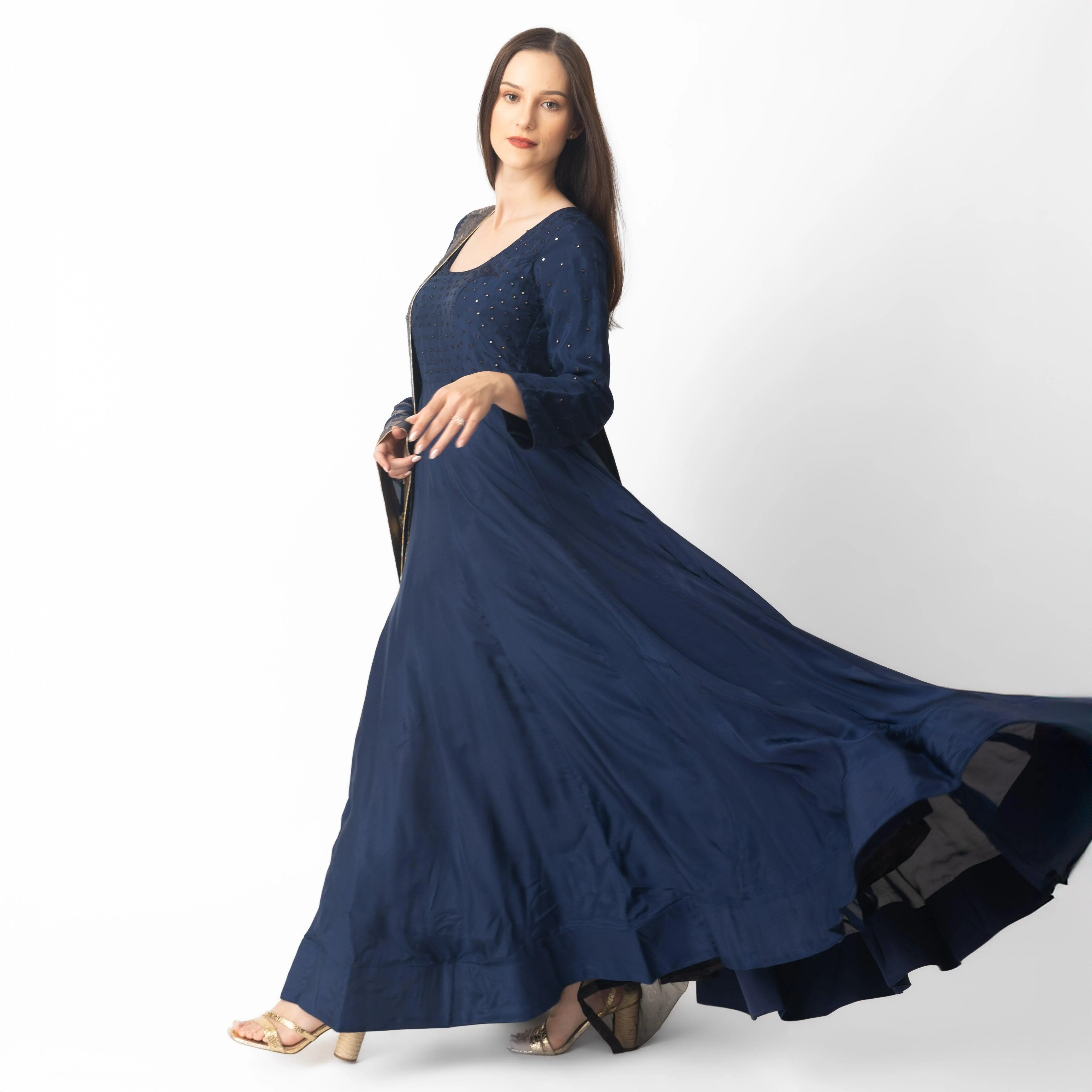 Blue Long Dress with Banarasi Silk Drape - Image 2