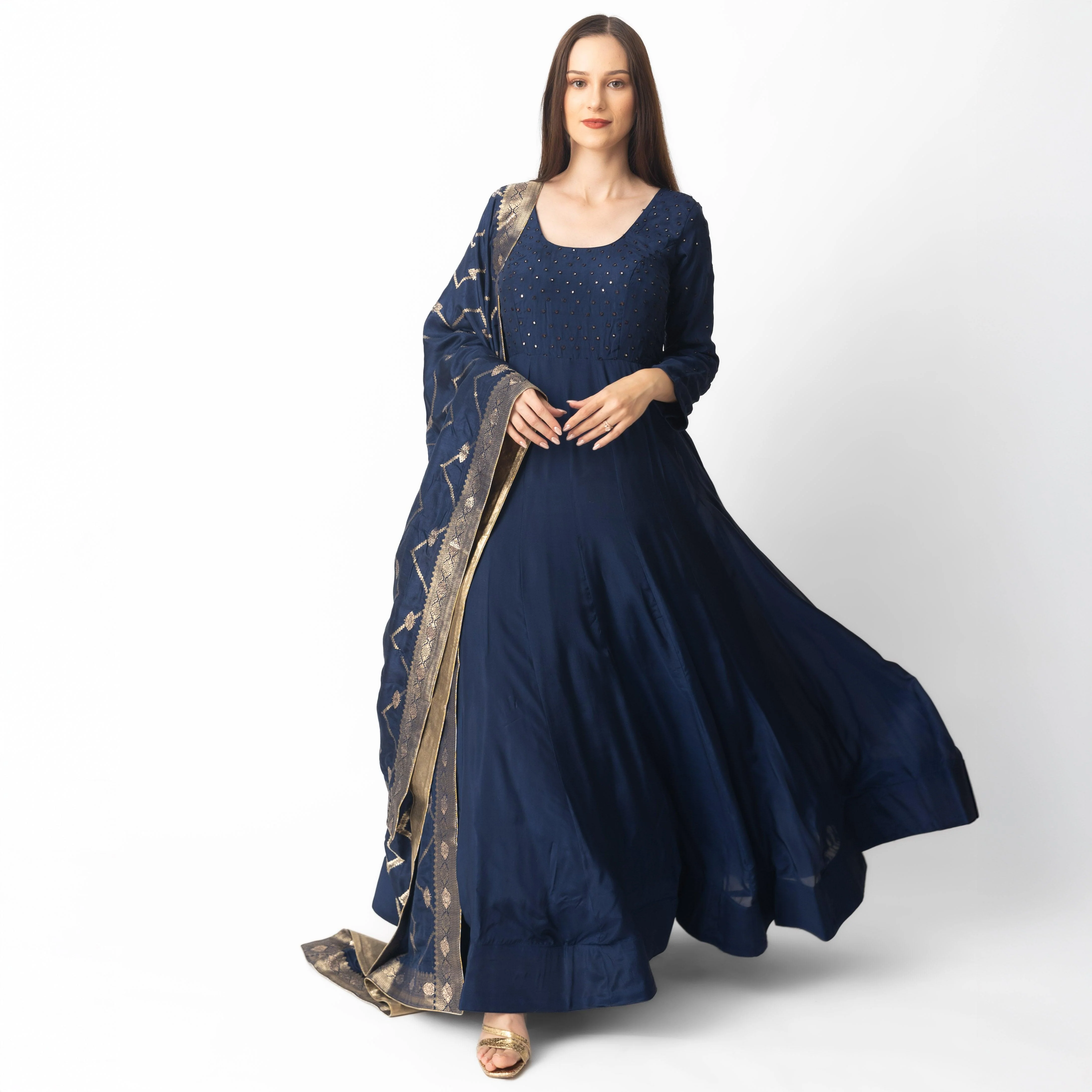 Blue Long Dress with Banarasi Silk Drape - Image 3