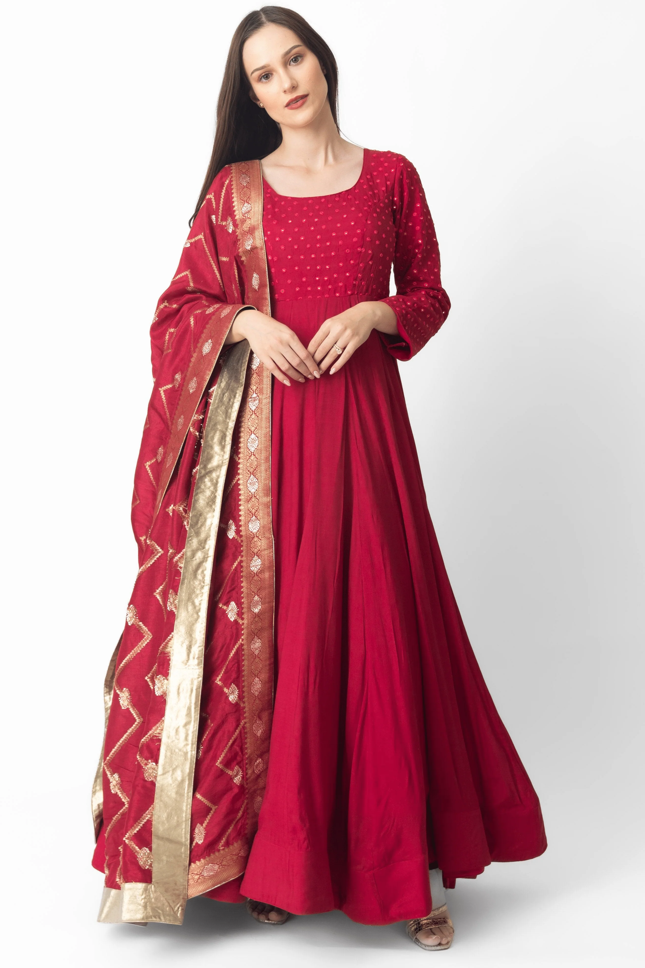 Red Gown with Embroidery