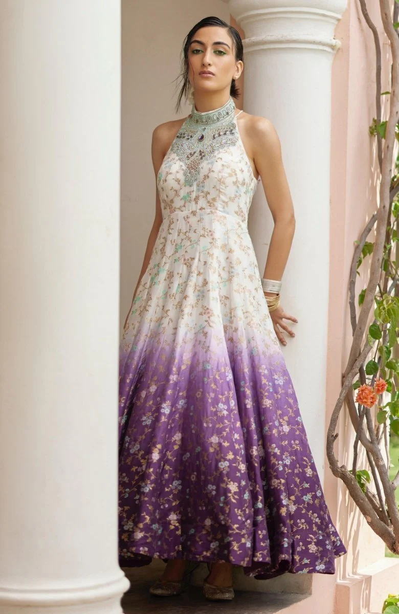 Shaded Banarasi Jacquard Dress with Hand Embroidered Torso