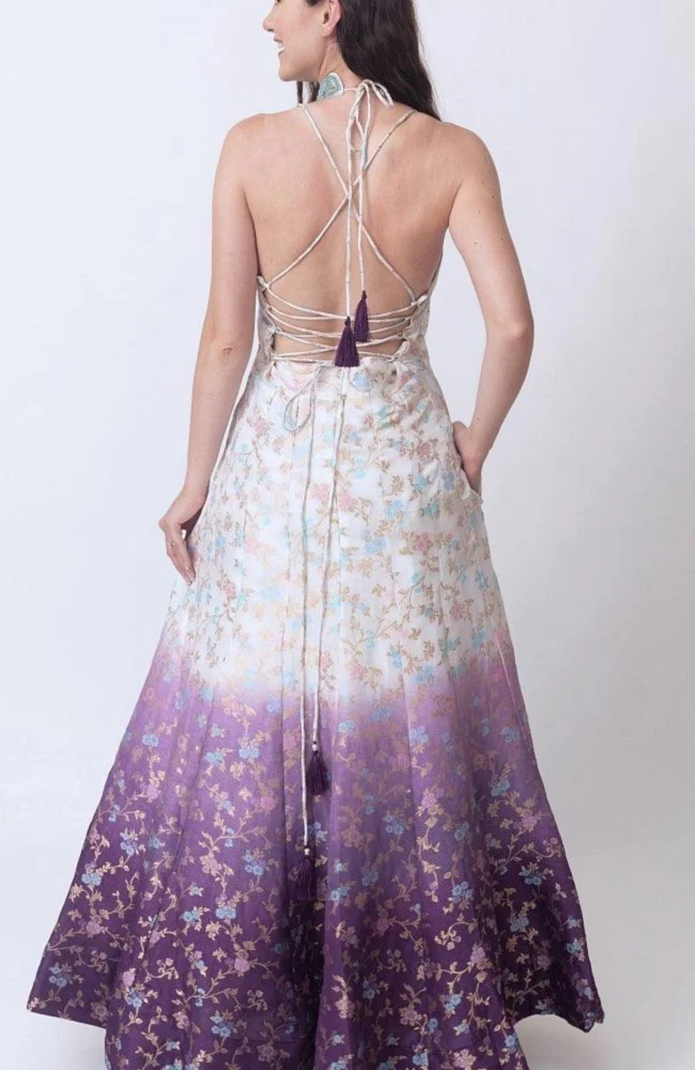 Shaded Banarasi Jacquard Dress with Hand Embroidered Torso - Image 2