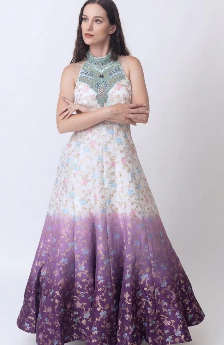 Shaded Banarasi Jacquard Dress with Hand Embroidered Torso - Image 4