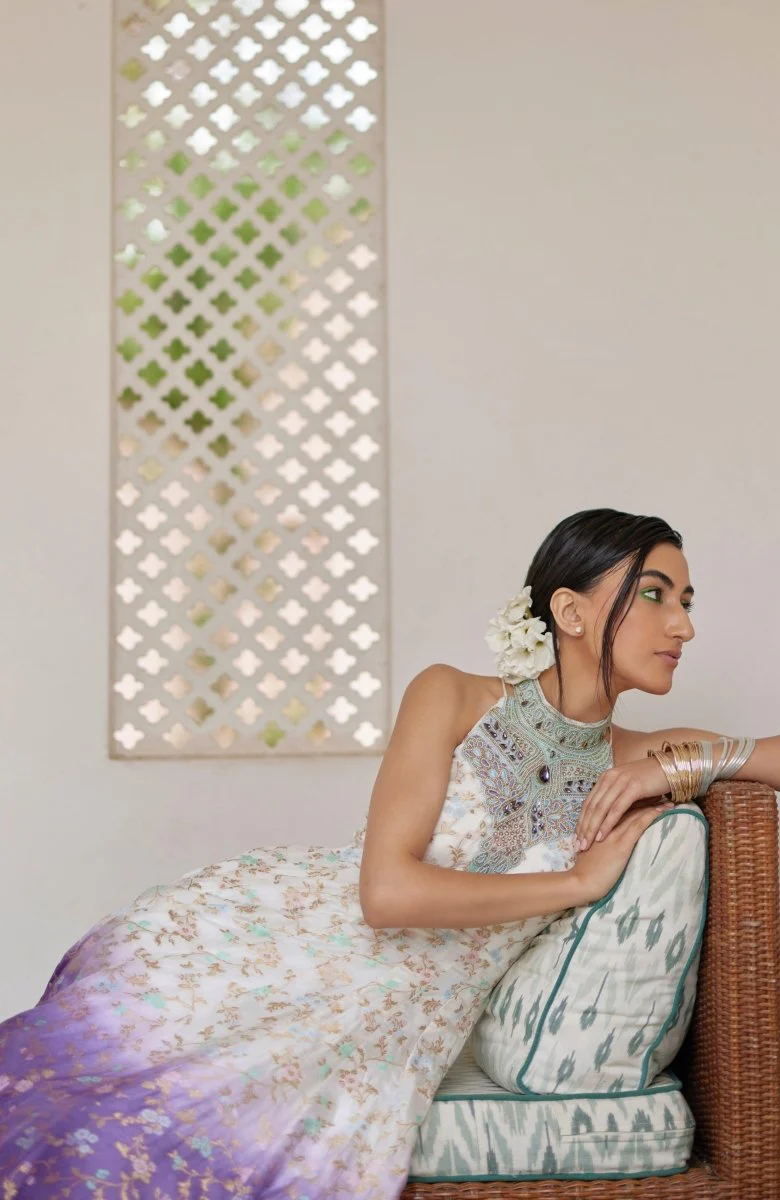 Shaded Banarasi Jacquard Dress with Hand Embroidered Torso - Image 5