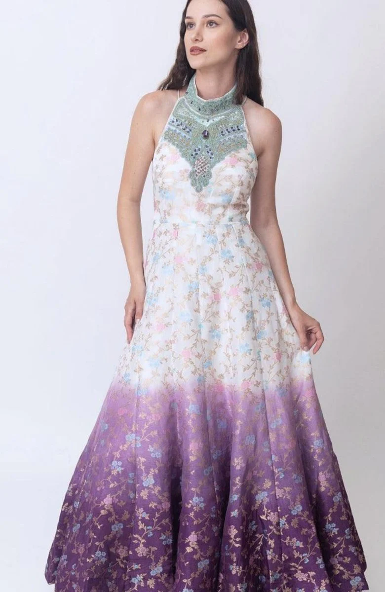 Shaded Banarasi Jacquard Dress with Hand Embroidered Torso - Image 6