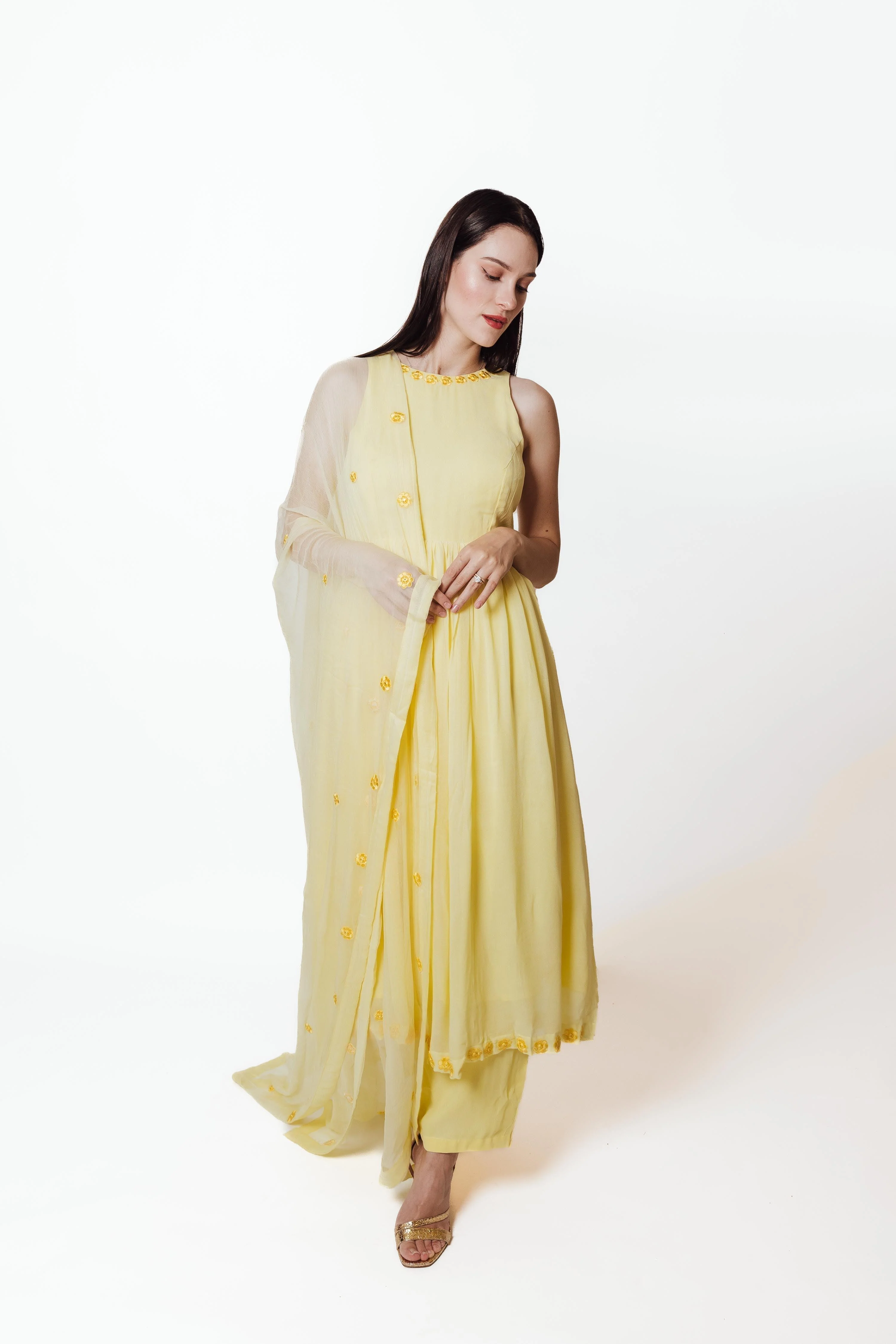Aveline Yellow Georgette Salwar Kameez with Floral Mirror Trim