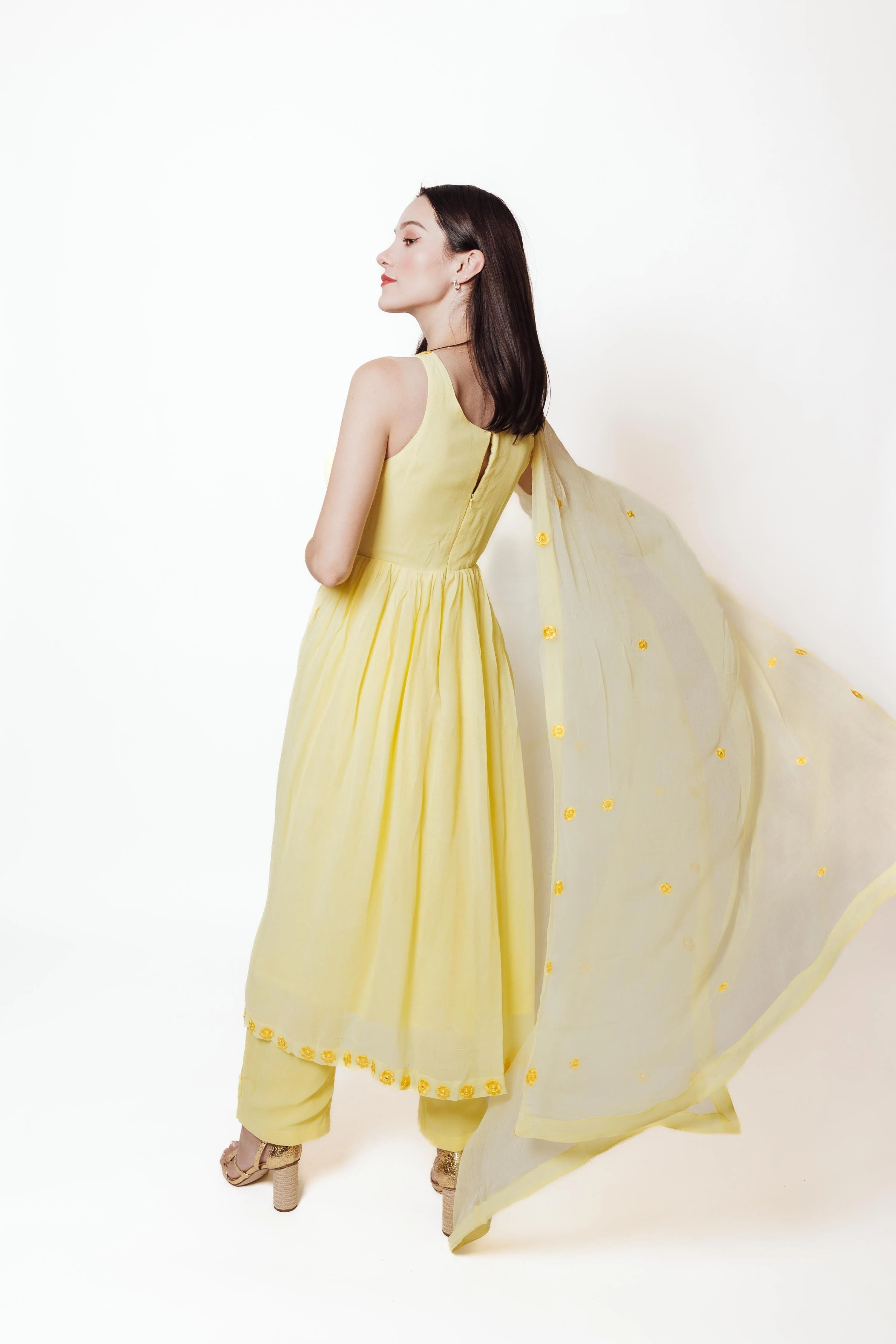 Aveline Yellow Georgette Salwar Kameez with Floral Mirror Trim - Image 3