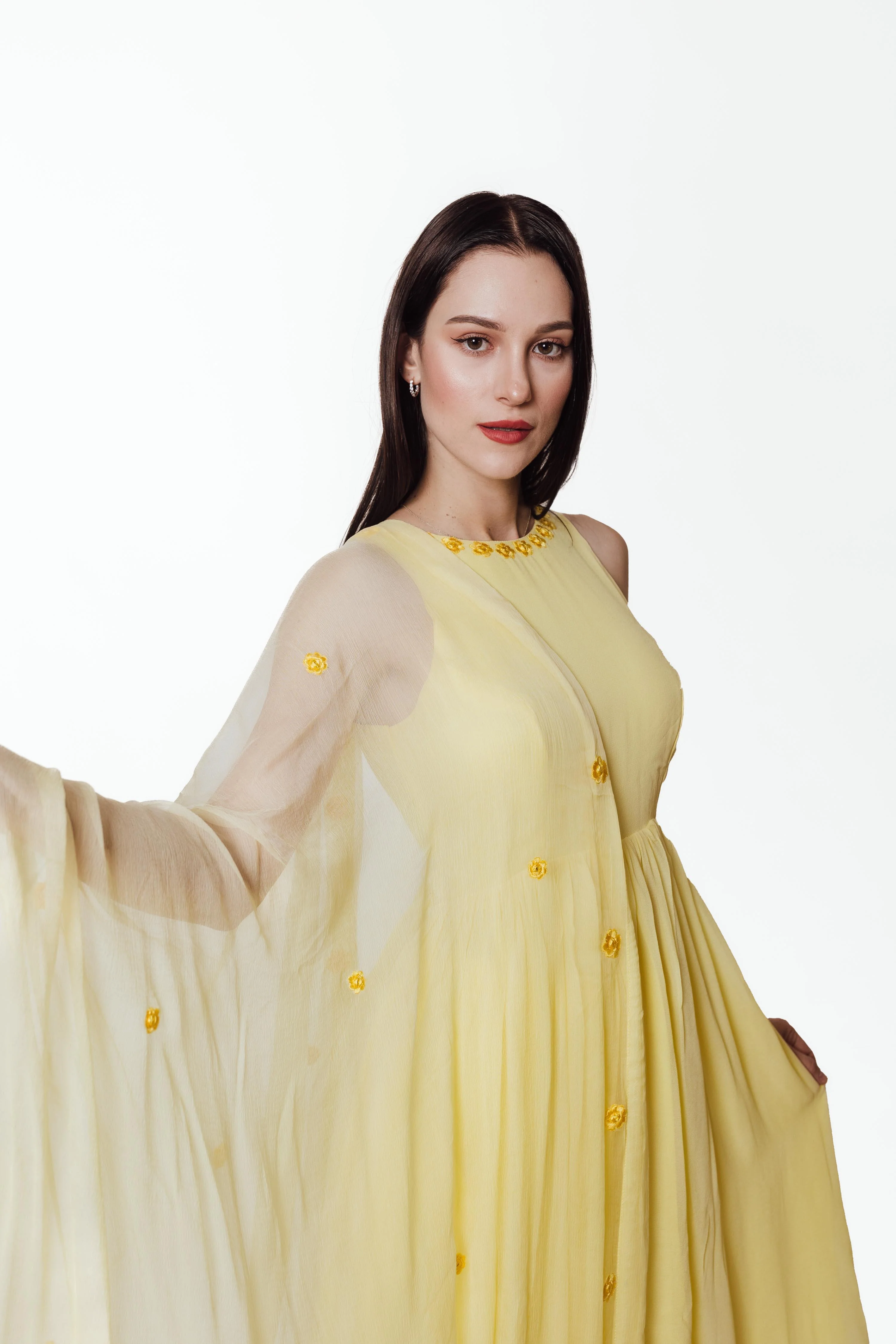 Aveline Yellow Georgette Salwar Kameez with Floral Mirror Trim - Image 5