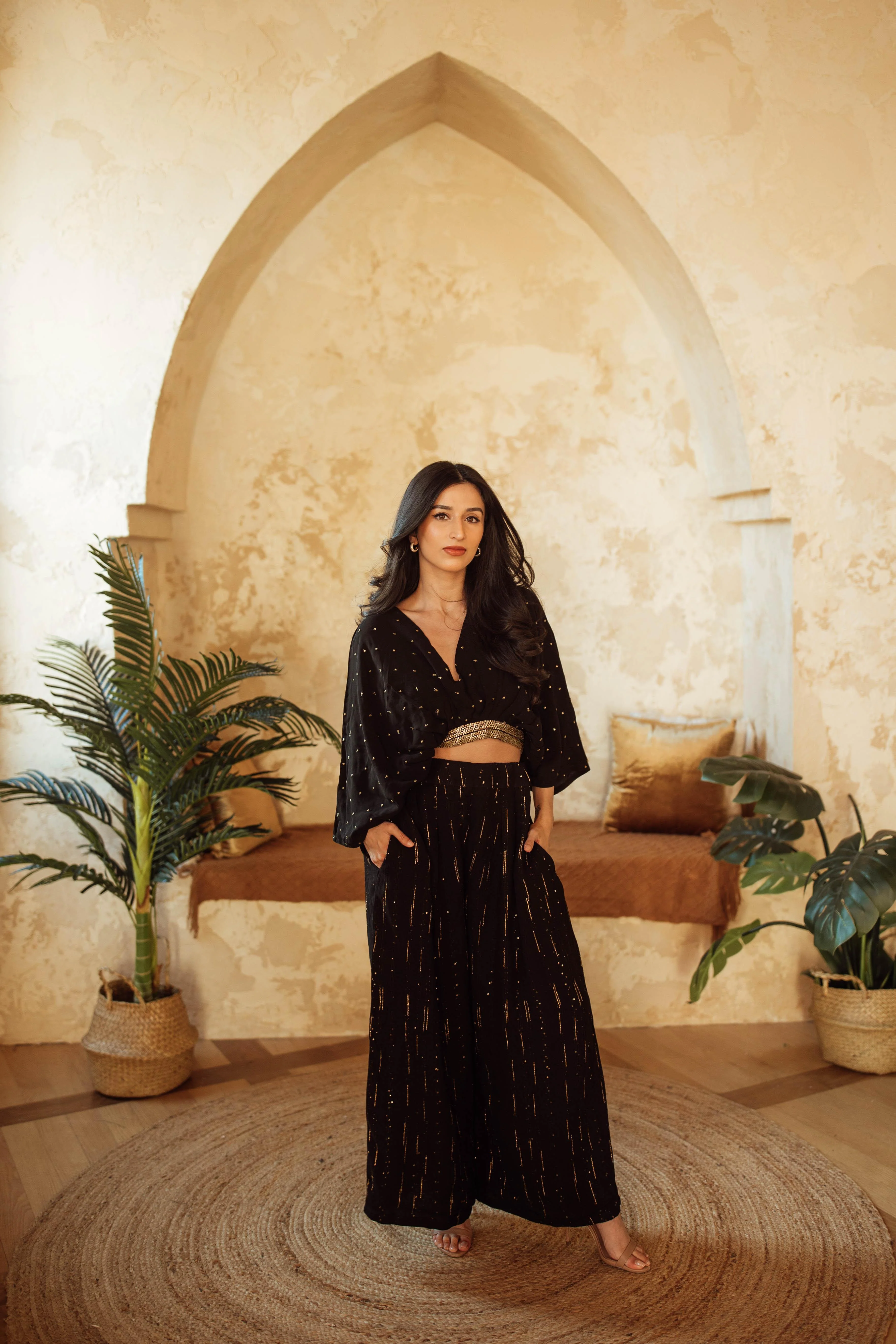 Priscilla Black and Gold Palazzo Suit with Gold Trim Embroidery