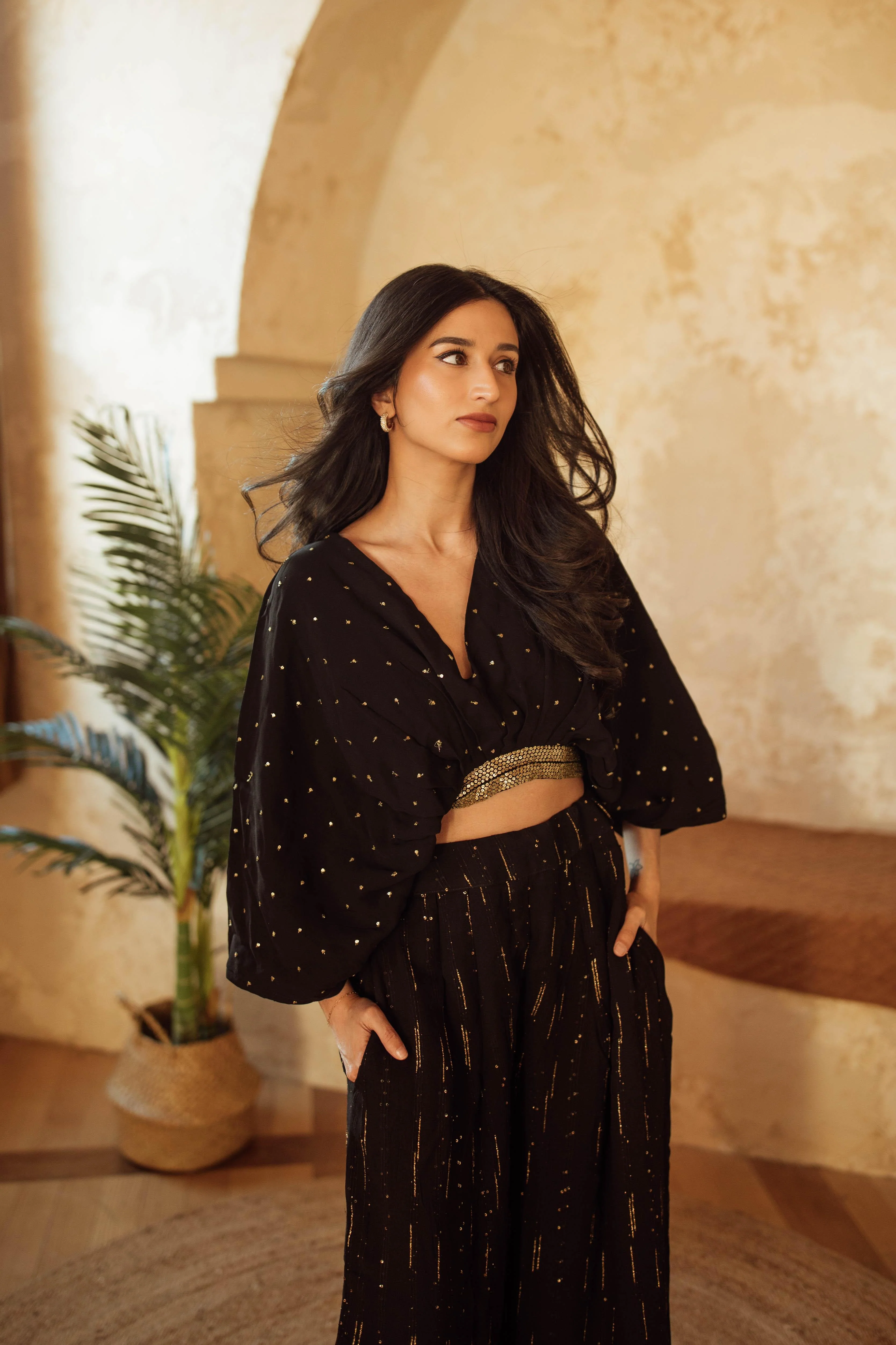 Priscilla Black and Gold Palazzo Suit with Gold Trim Embroidery - Image 2