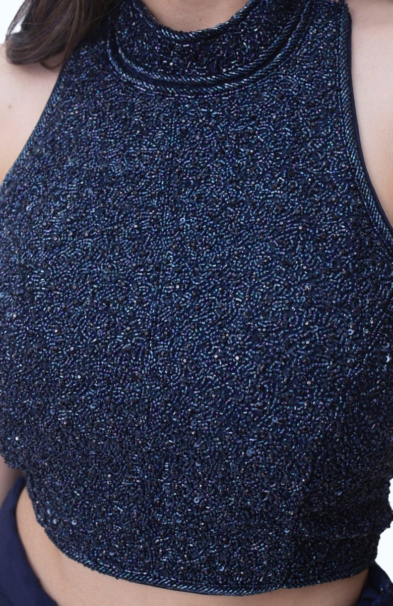 Farah Navy Drape Skirt with Hand Embroidered Blouse - Image 3