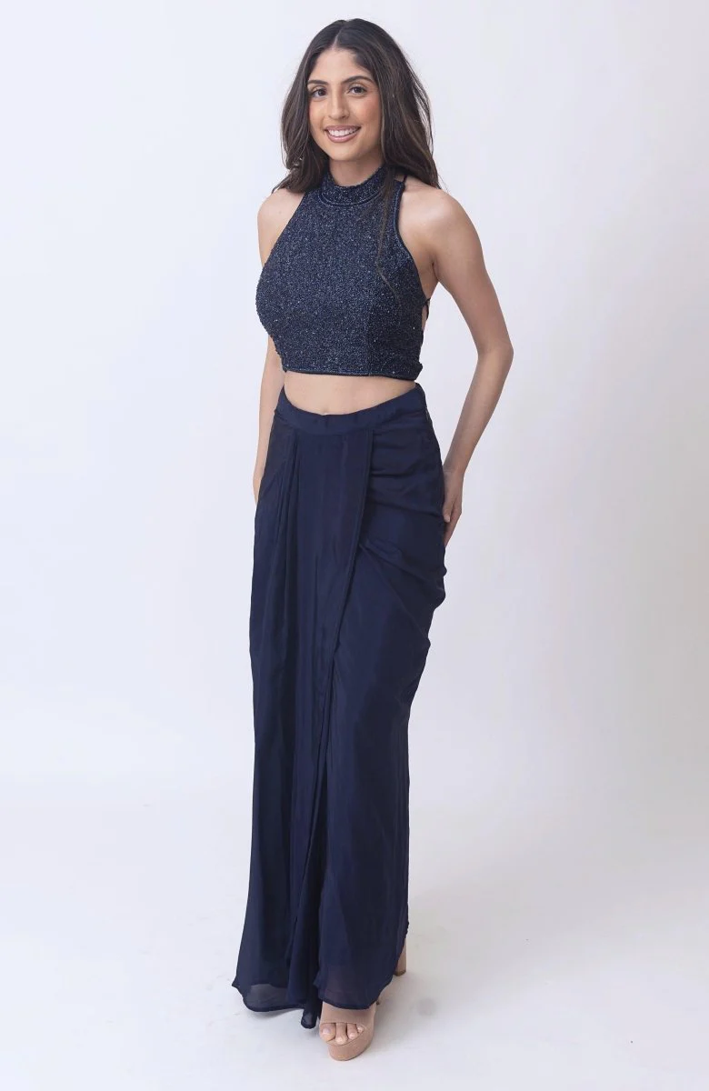 Farah Navy Drape Skirt with Hand Embroidered Blouse - Image 4