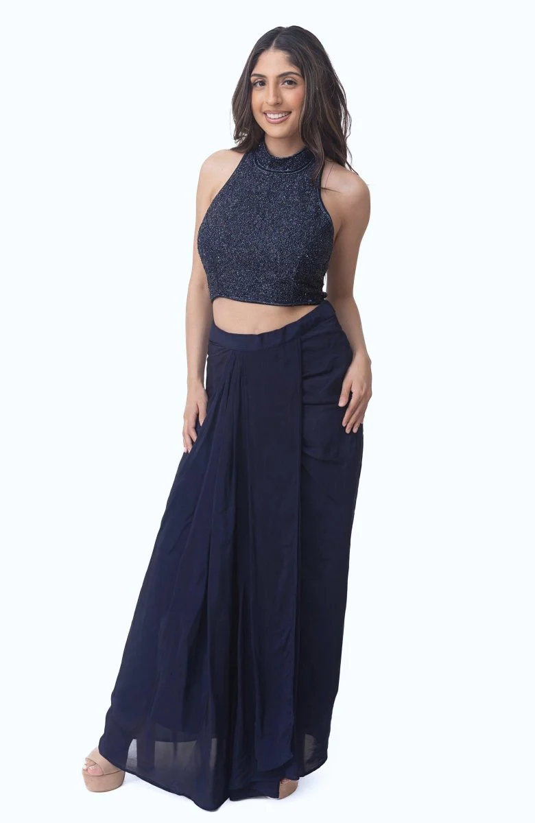 Farah Navy Drape Skirt with Hand Embroidered Blouse - Image 6