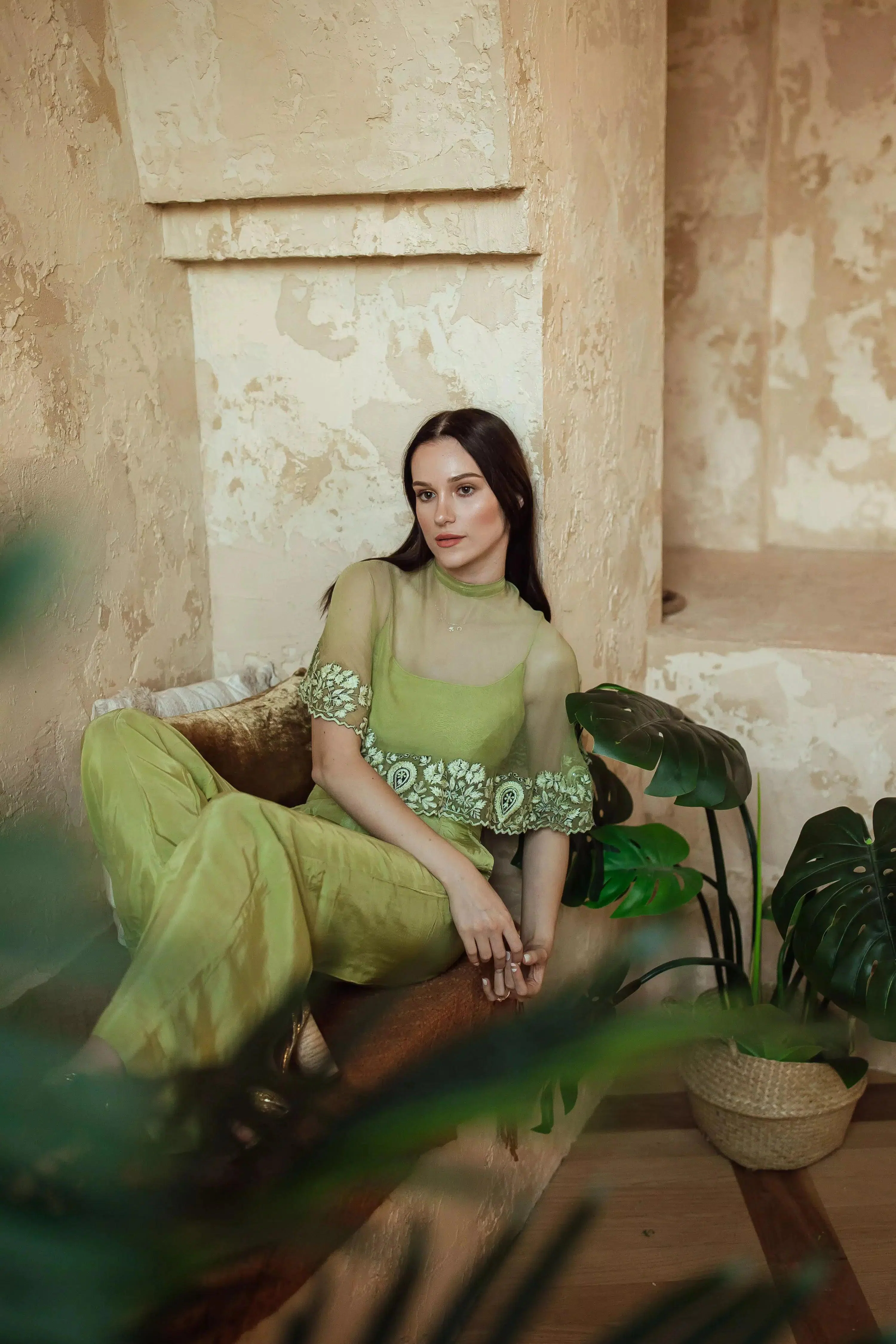 Mable Green Pant Set with Embroidered Cape Drape