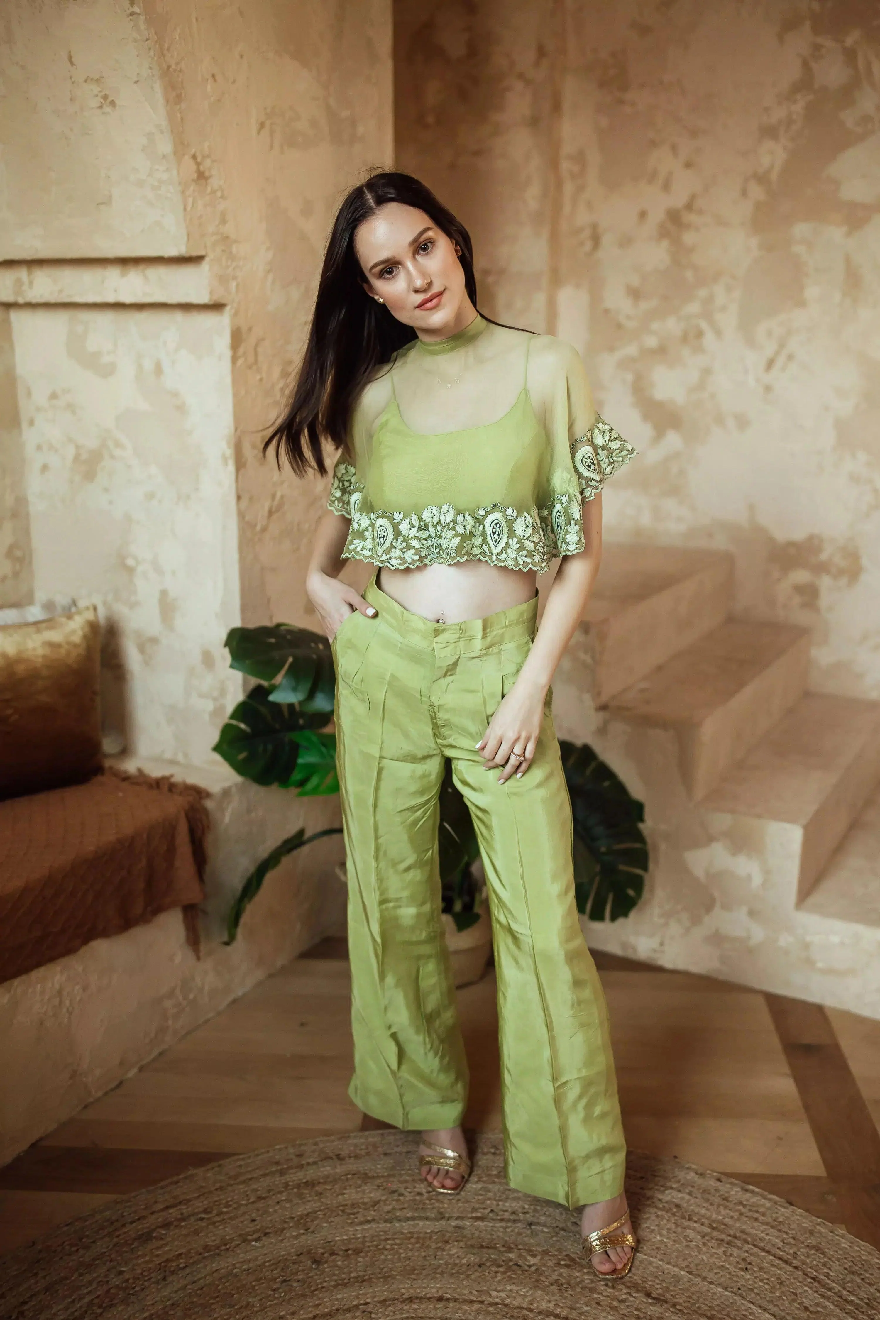 Mable Green Pant Set with Embroidered Cape Drape - Image 3