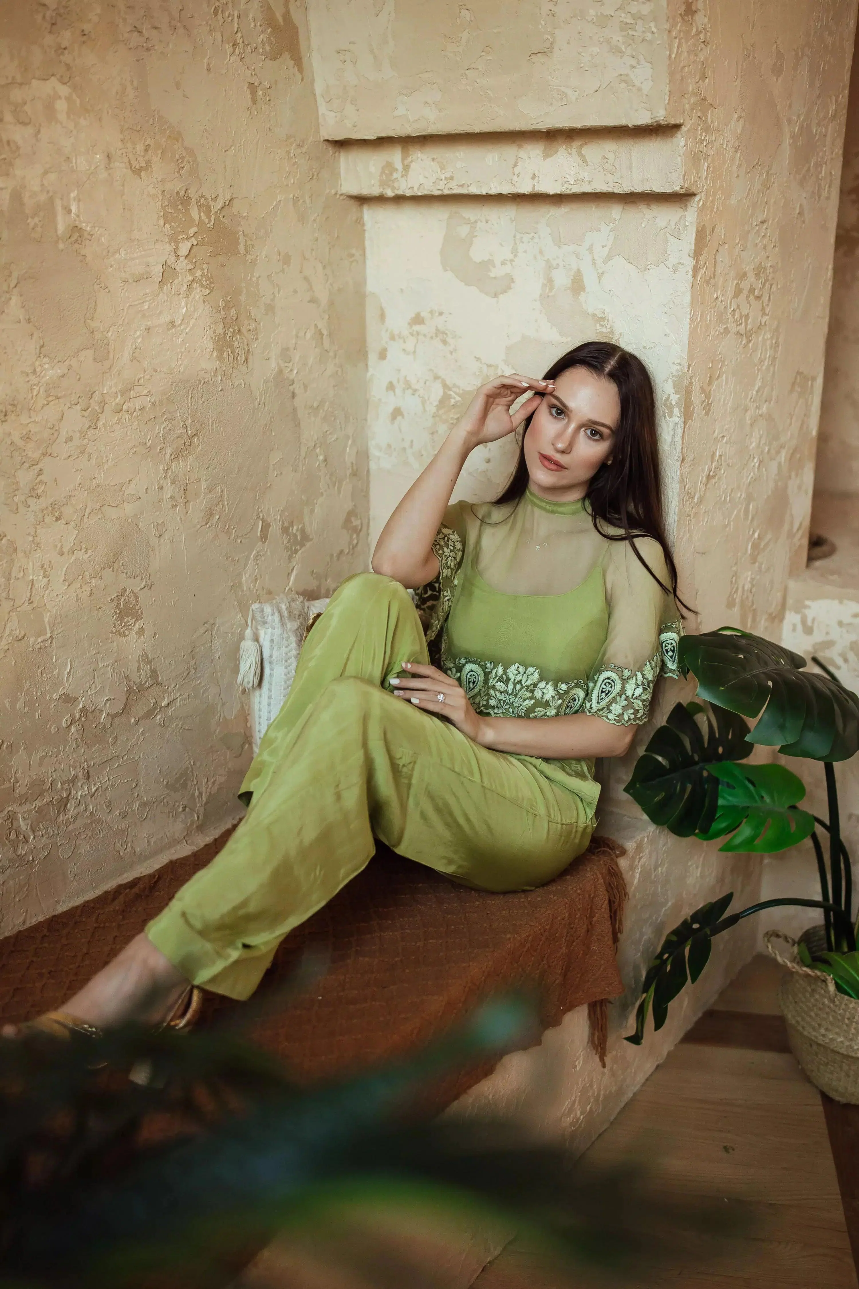 Mable Green Pant Set with Embroidered Cape Drape - Image 4