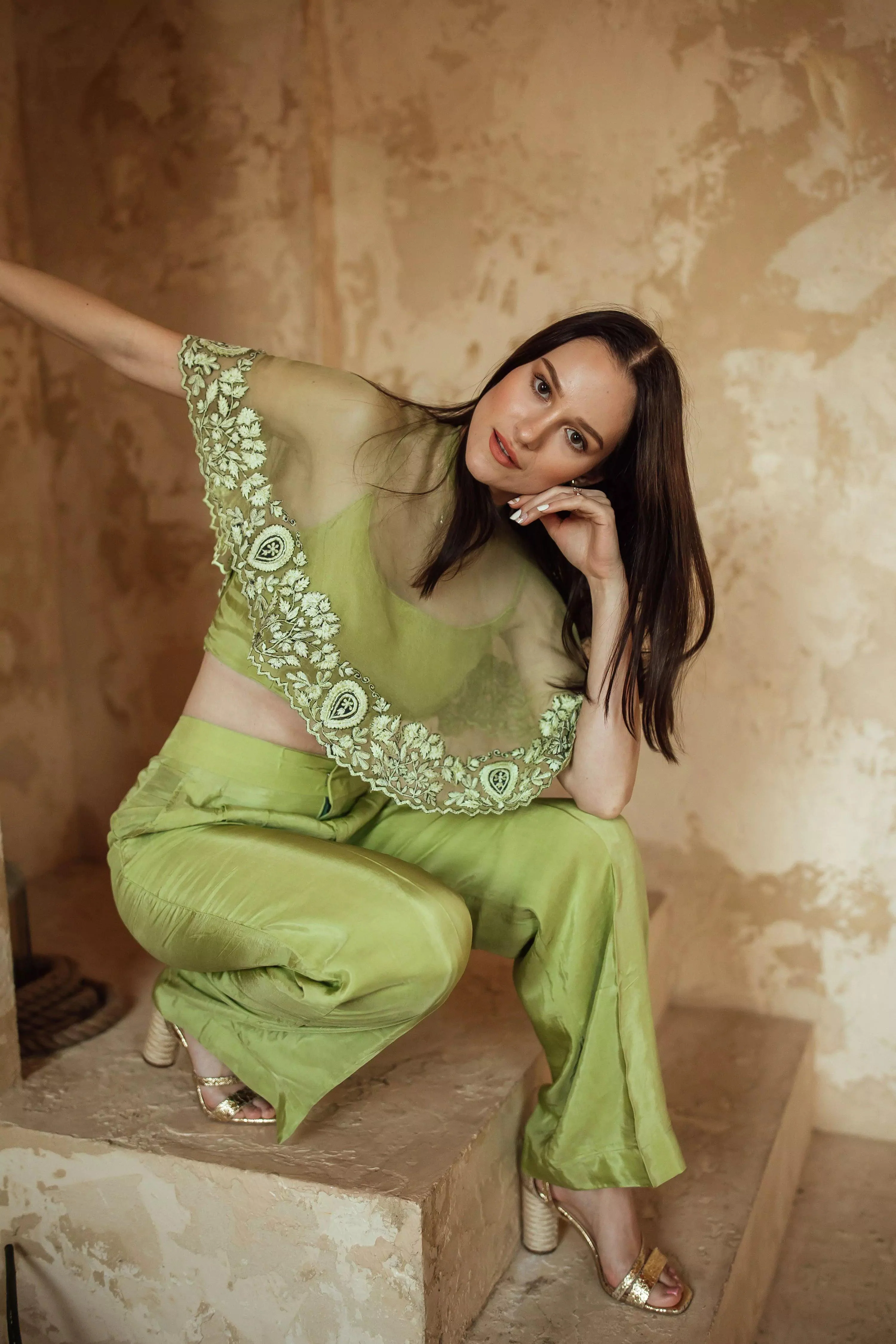 Mable Green Pant Set with Embroidered Cape Drape - Image 5