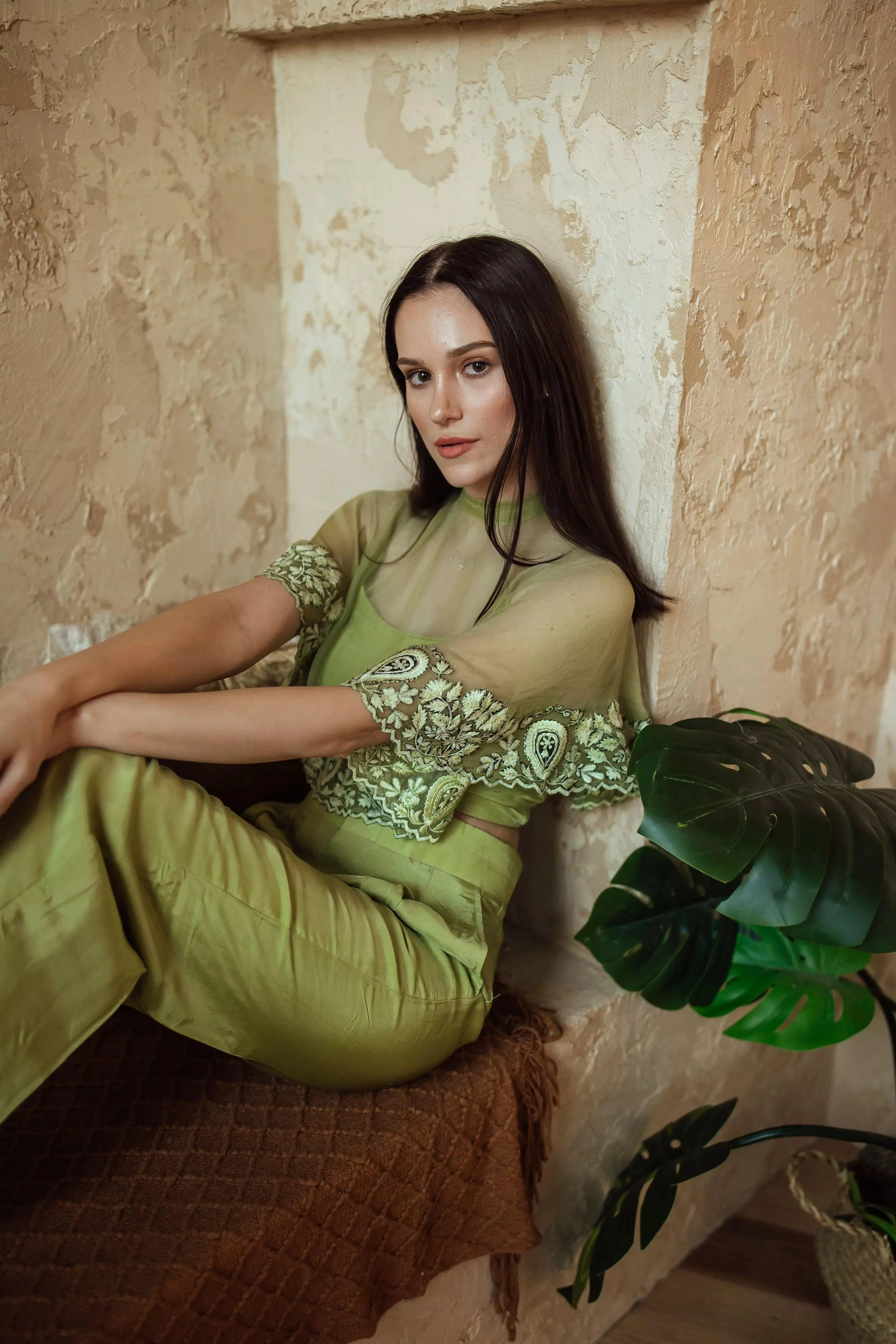 Mable Green Pant Set with Embroidered Cape Drape - Image 6
