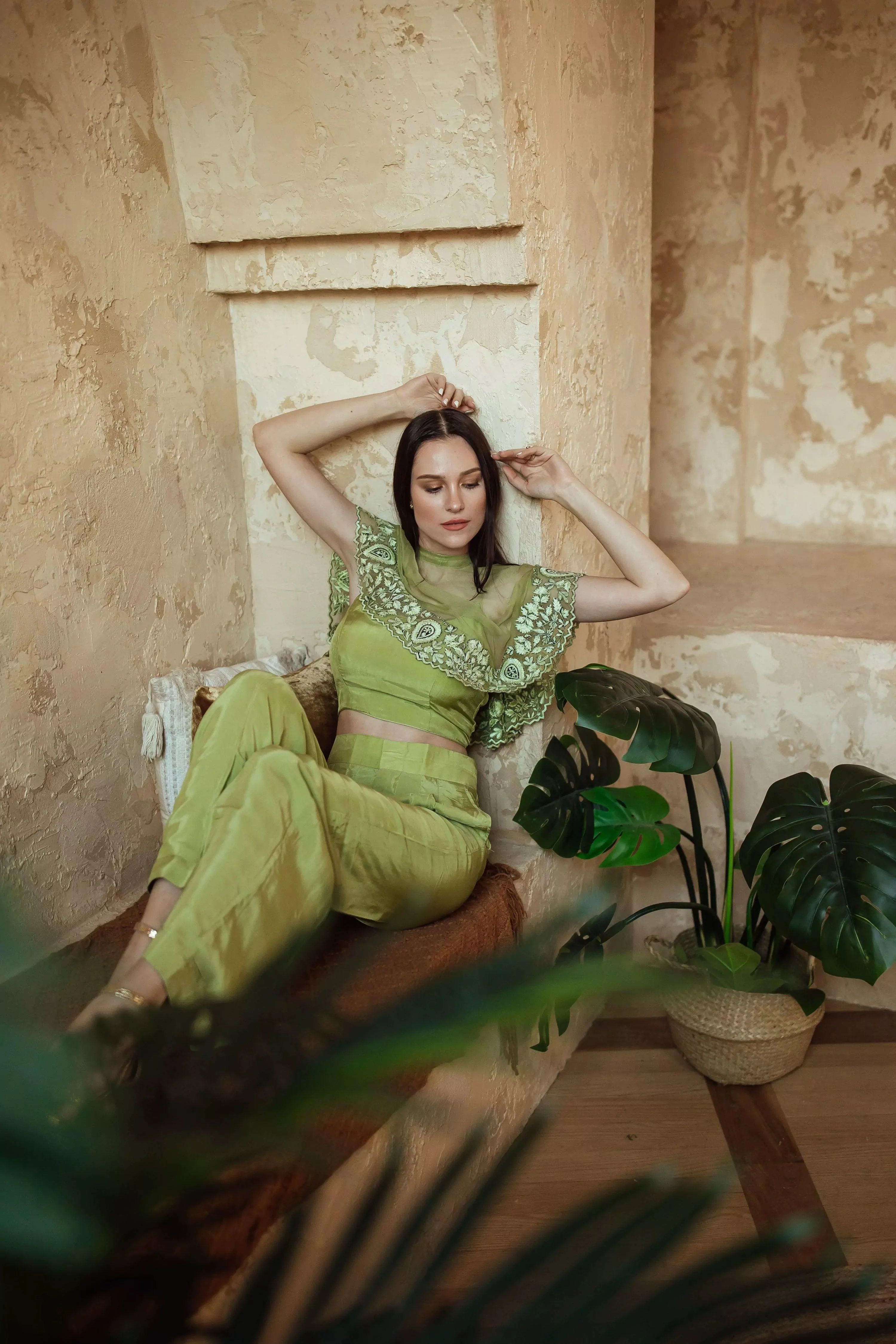 Mable Green Pant Set with Embroidered Cape Drape - Image 7