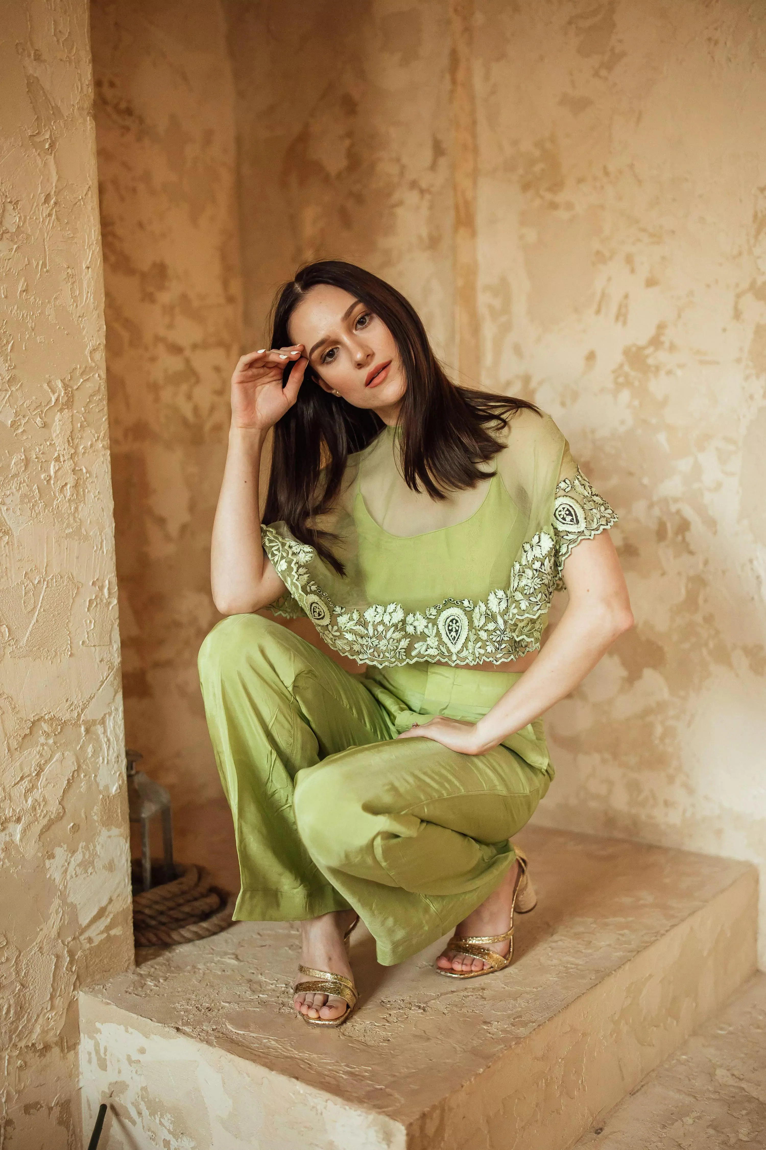 Mable Green Pant Set with Embroidered Cape Drape - Image 8