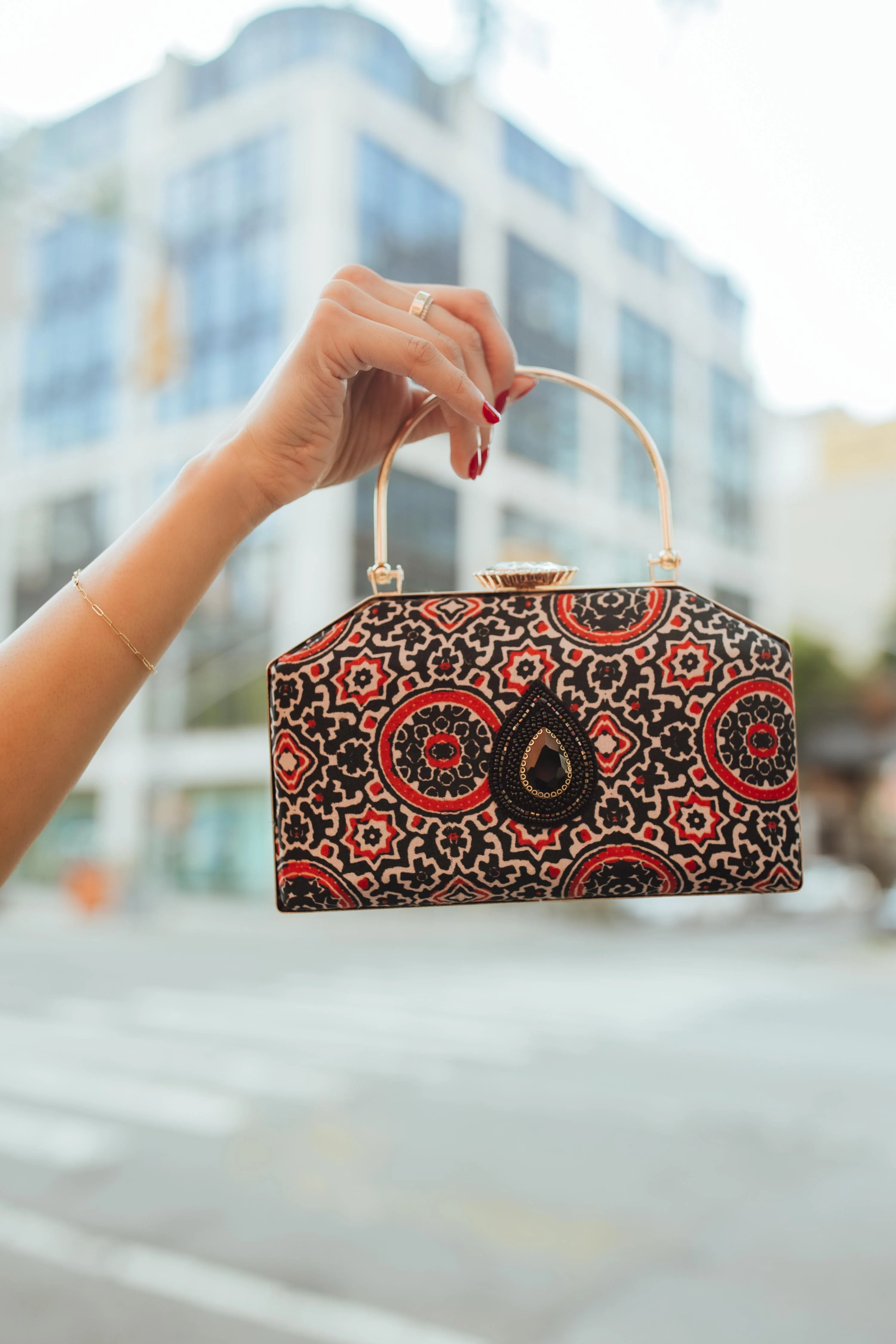 Ajrakh Print Silk Maya Clutch with Jewel Closure