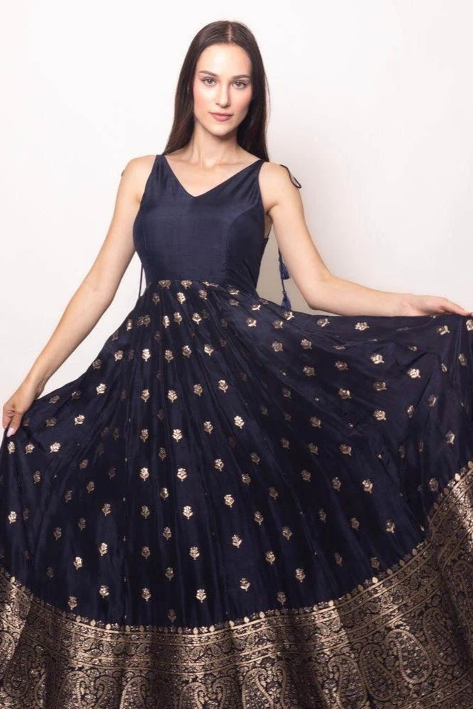 Blue and Gold Gown with Banarasi Border - Image 6