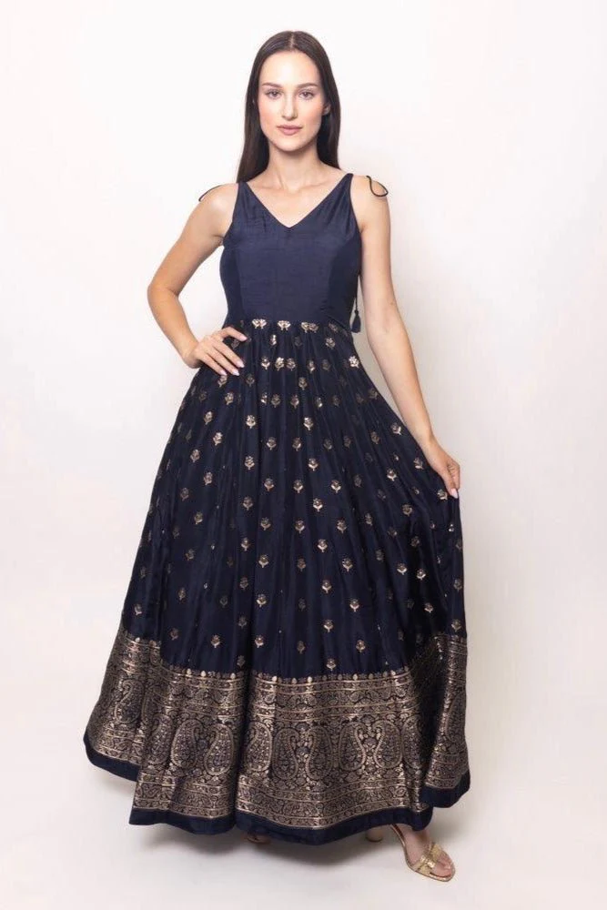 Blue and Gold Gown with Banarasi Border - Image 8