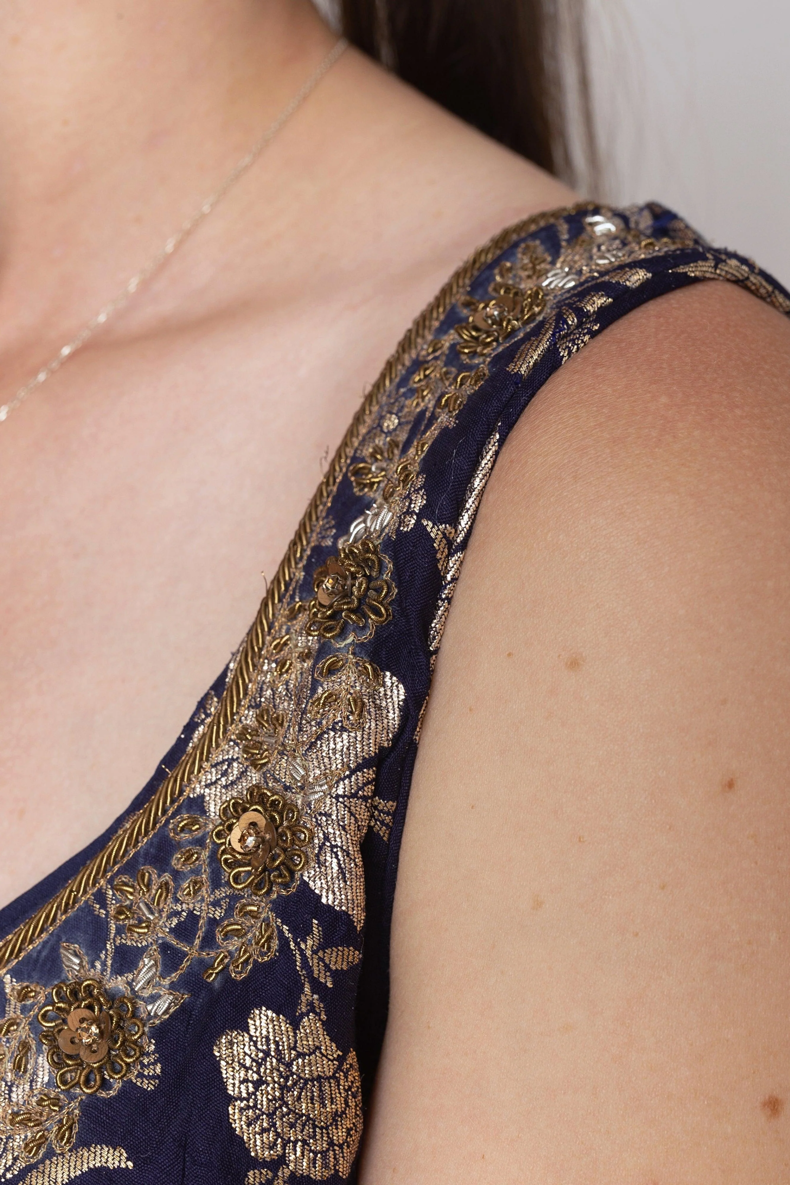Blue Banarasi Jacquard Gown with Hand Embroidery Neckline - Image 3
