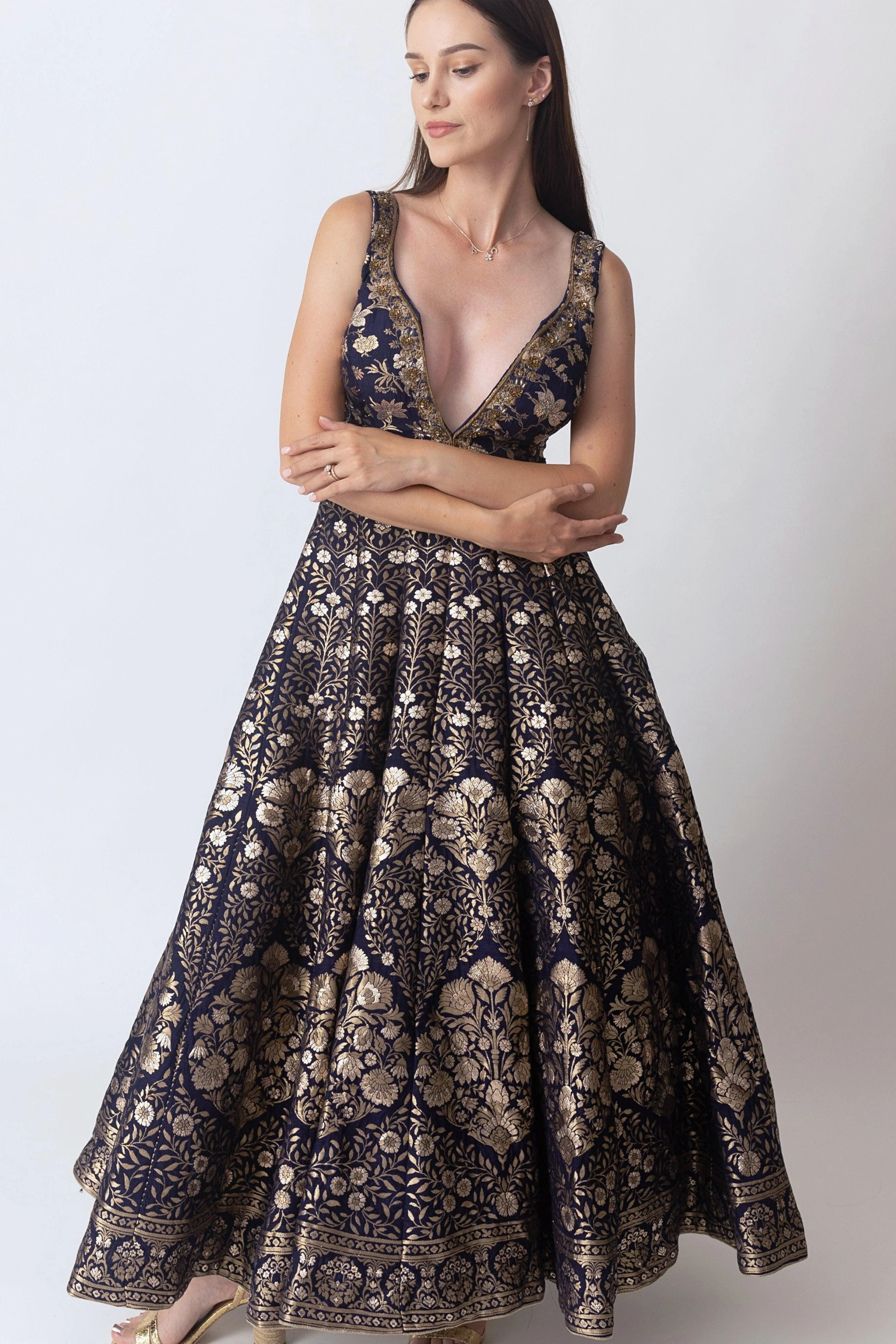 Blue Banarasi Jacquard Gown with Hand Embroidery Neckline - Image 4
