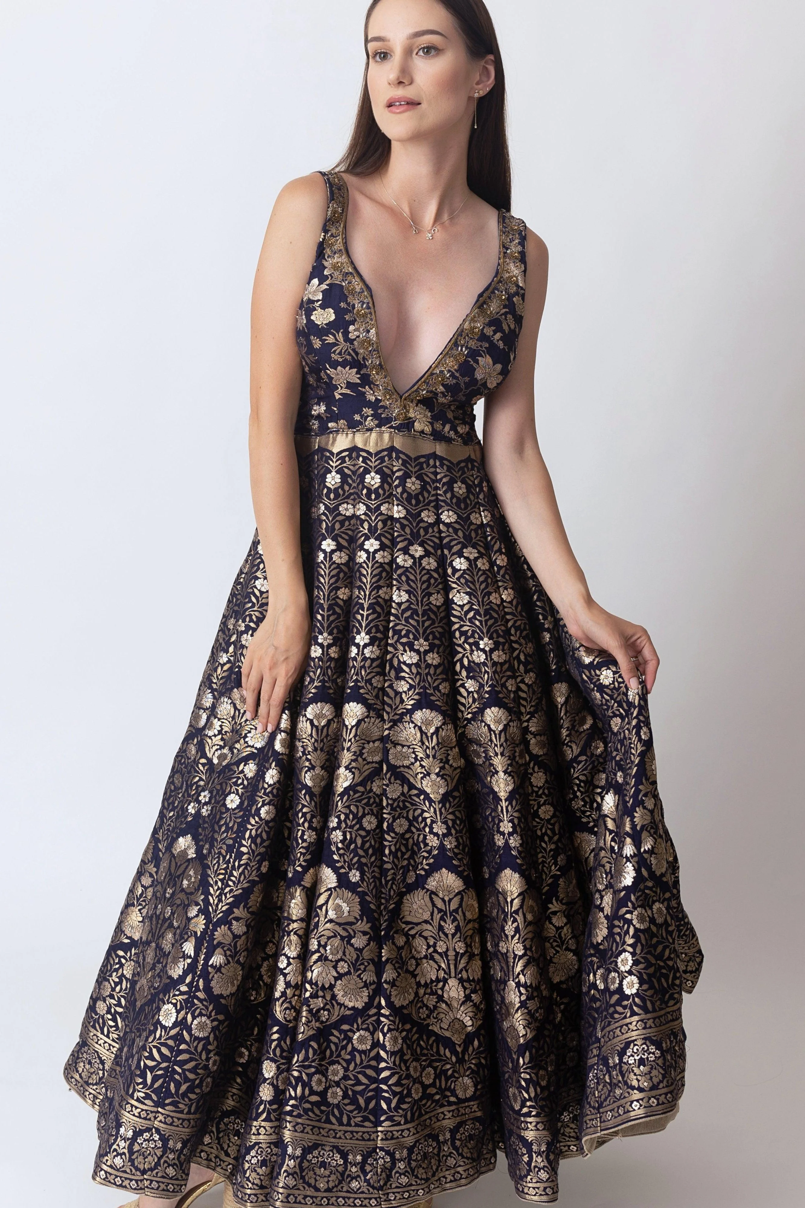 Blue Banarasi Jacquard Gown with Hand Embroidery Neckline - Image 6