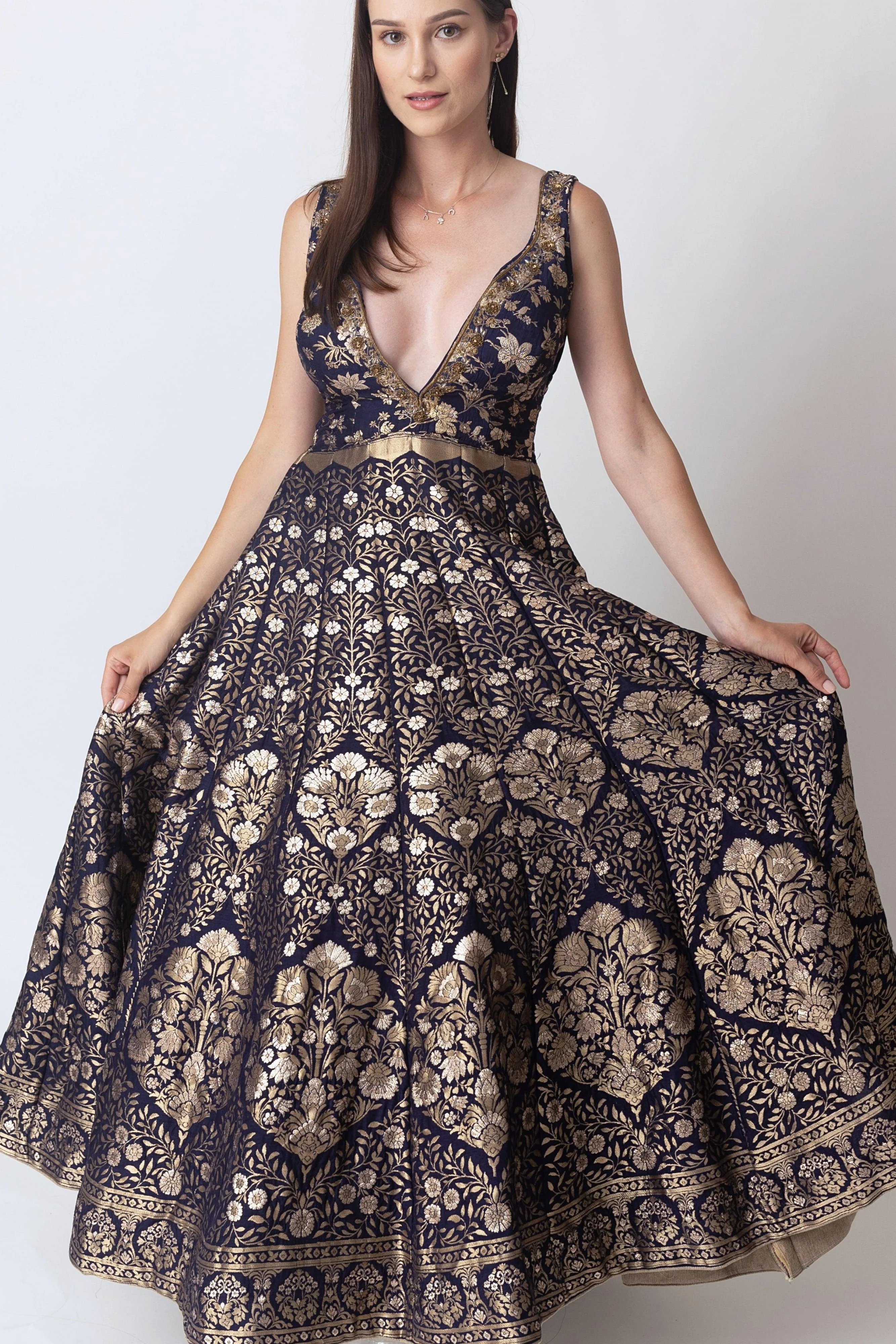 Blue Banarasi Jacquard Gown with Hand Embroidery Neckline - Image 7