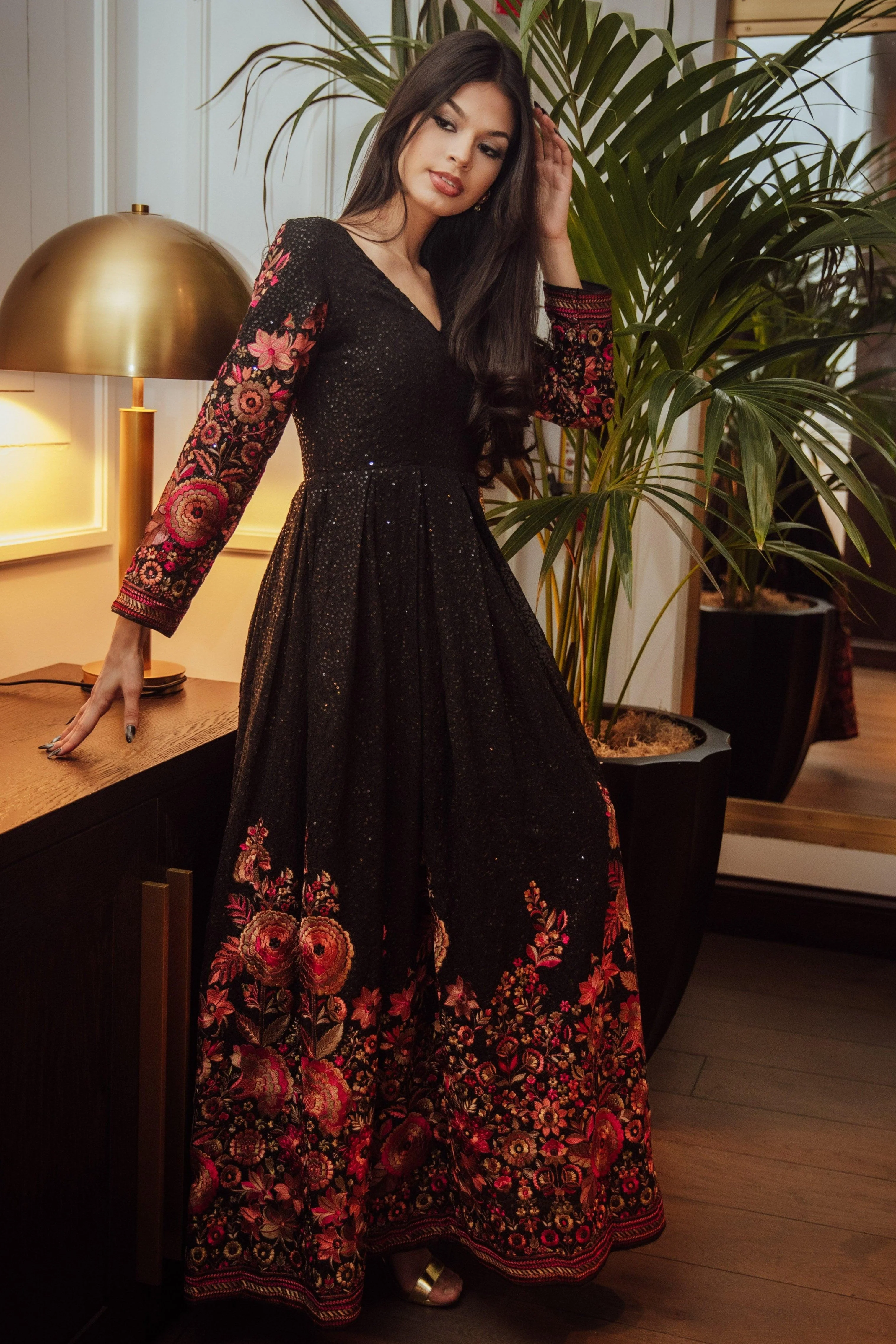 Black Floral Sequins Embroidered Gown