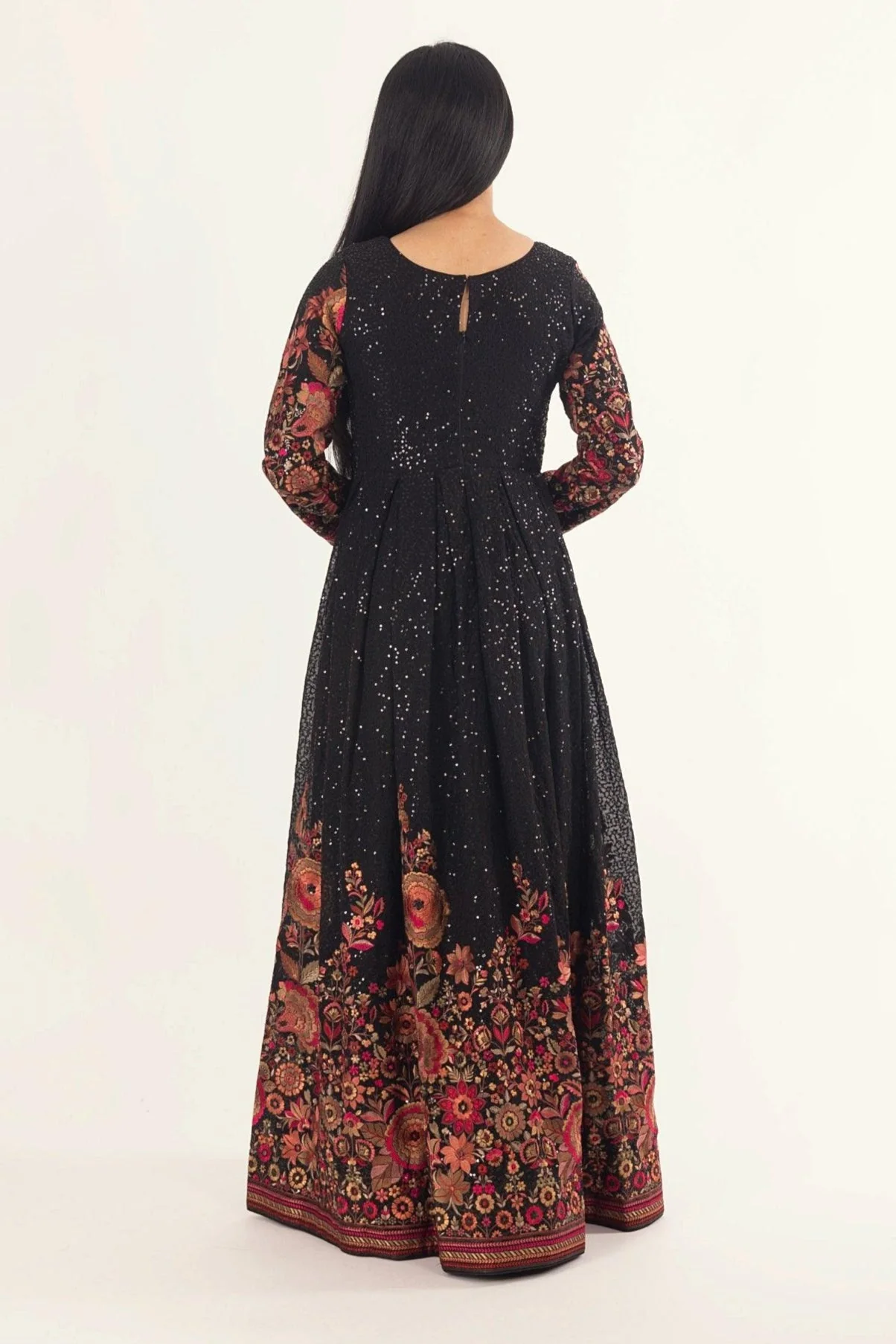 Black Floral Sequins Embroidered Gown - Image 2
