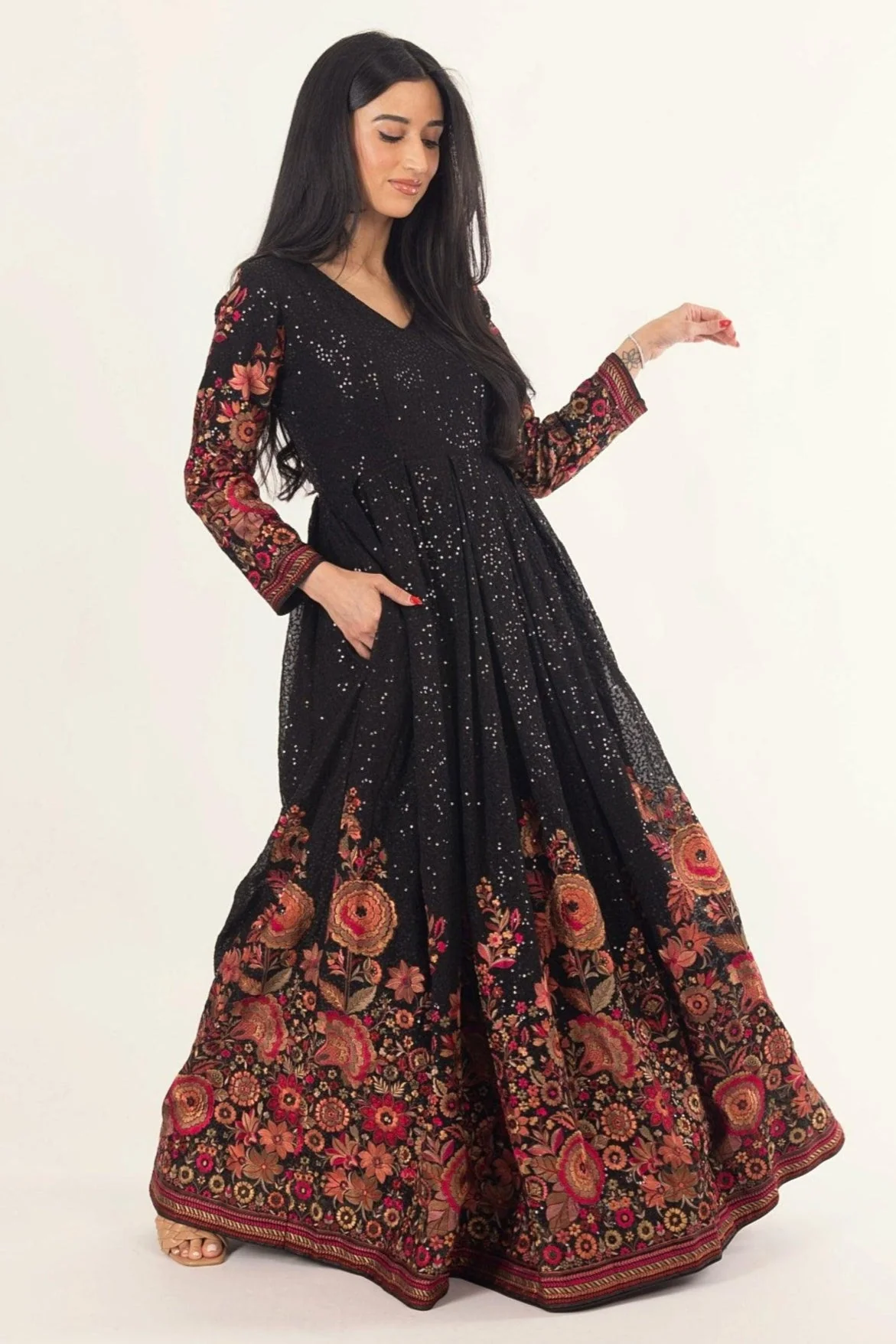 Black Floral Sequins Embroidered Gown - Image 4