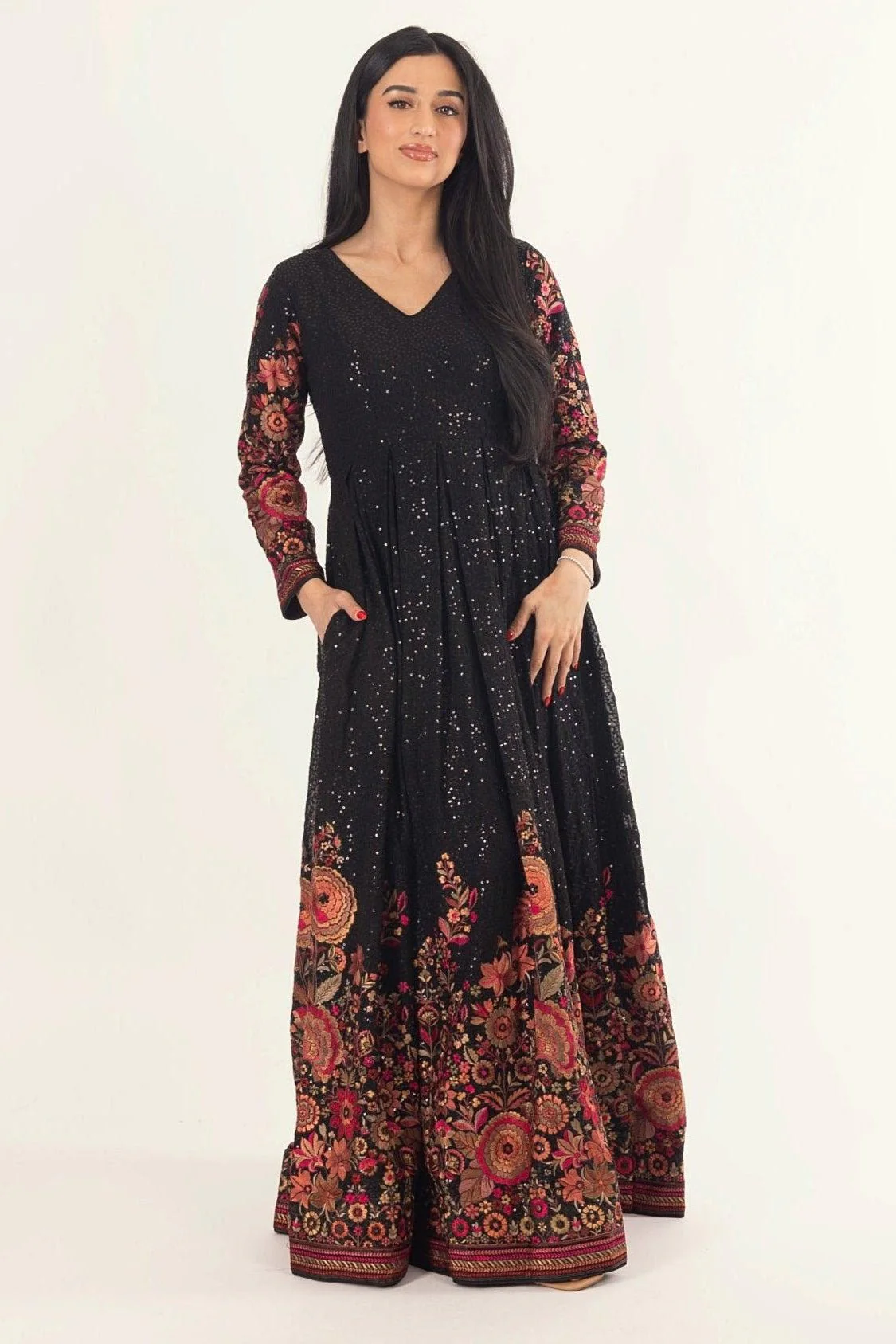 Black Floral Sequins Embroidered Gown - Image 5