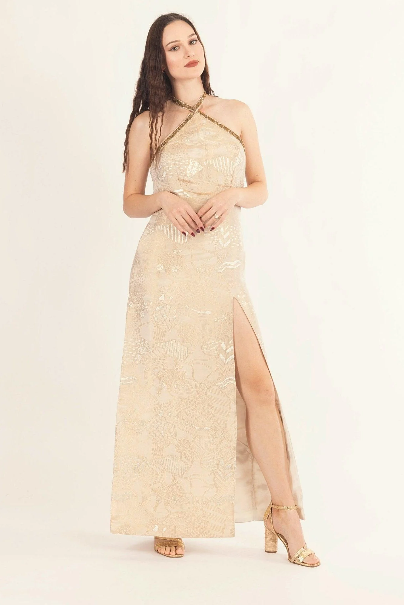 Tan Jacquard Slit Halter Long Dress - Image 4