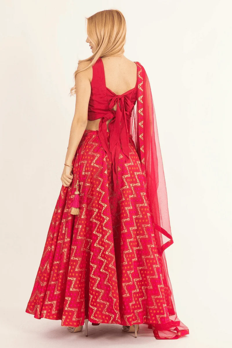 Red Chaniya Choli with Tie-Back Blouse - Image 2