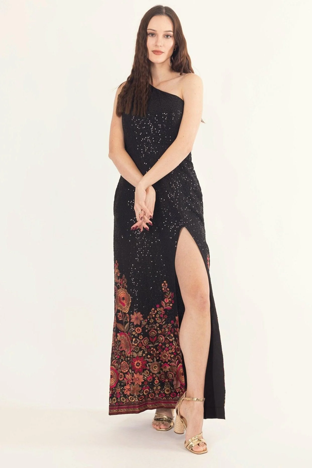 Black Slit Sequins One-Shoulder Long Dress - Image 4