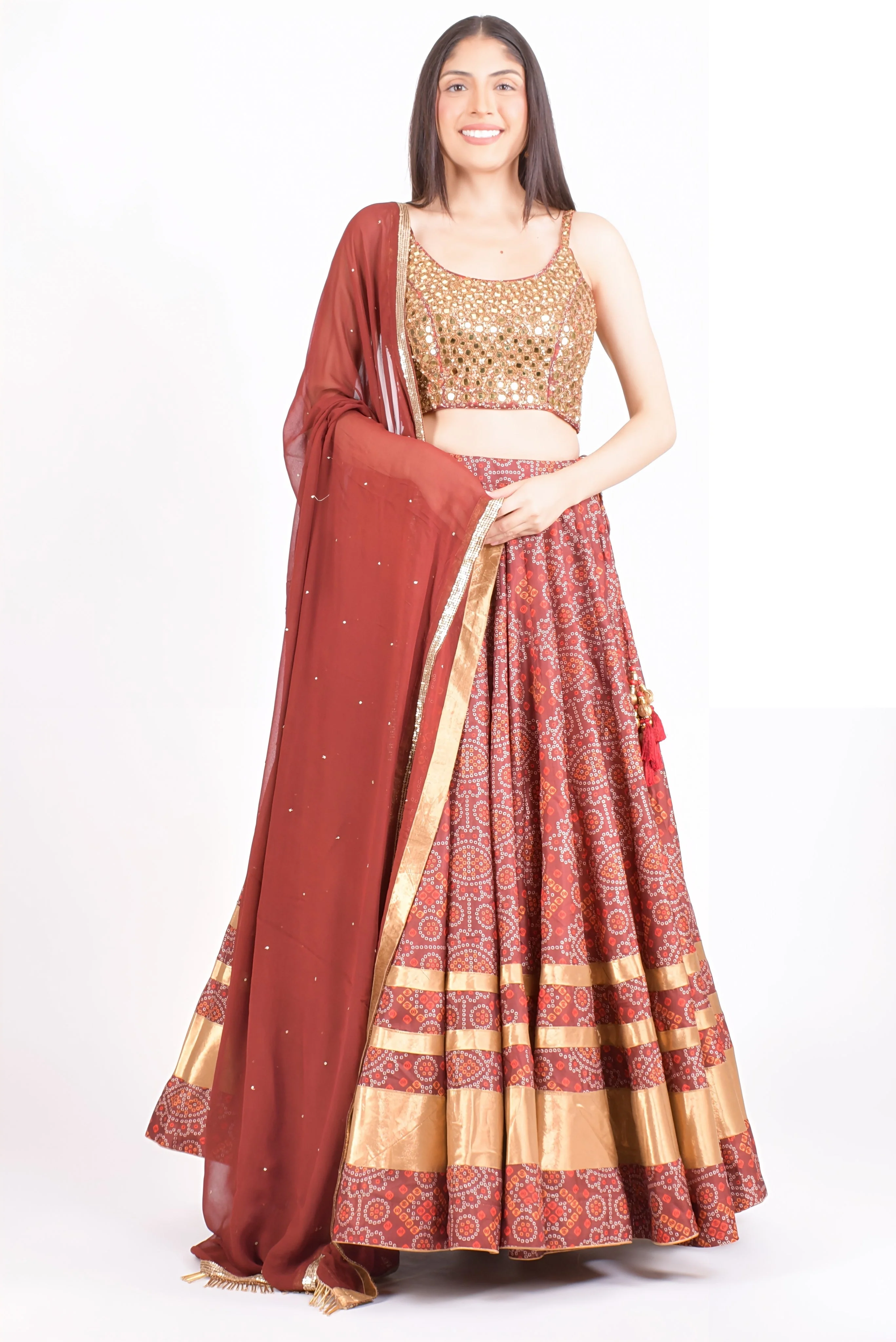 Bandhani print Chaniya Choli with Hand Embroidered Blouse and Matching Dupatta - Image 4