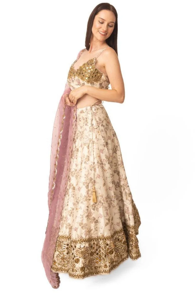 Beige Floral Lehenga Choli with Mirror Work - Ready-to-Ship Designer Wedding Wear USA - Image 3