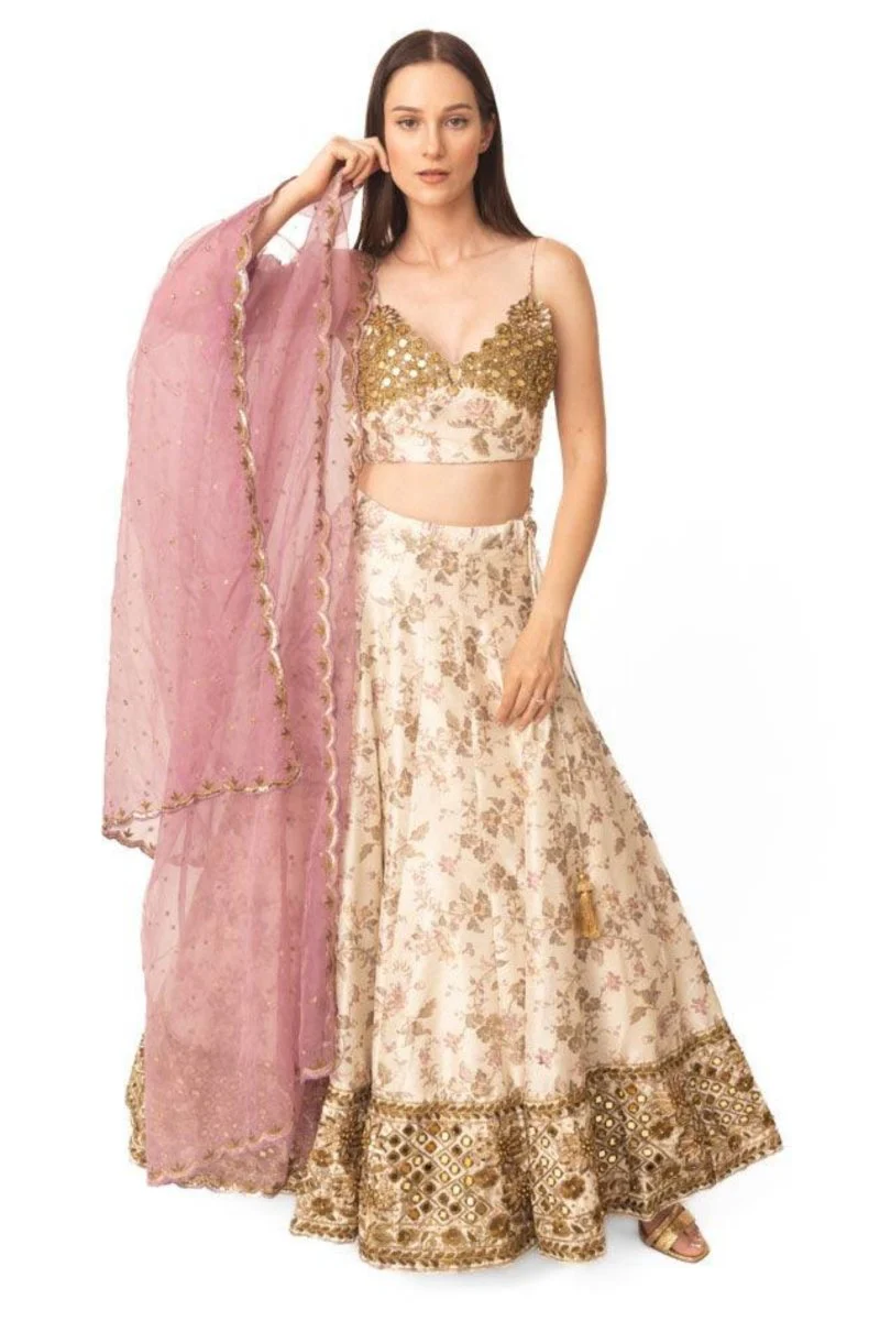 Beige Floral Lehenga Choli with Mirror Work - Ready-to-Ship Designer Wedding Wear USA - Image 4