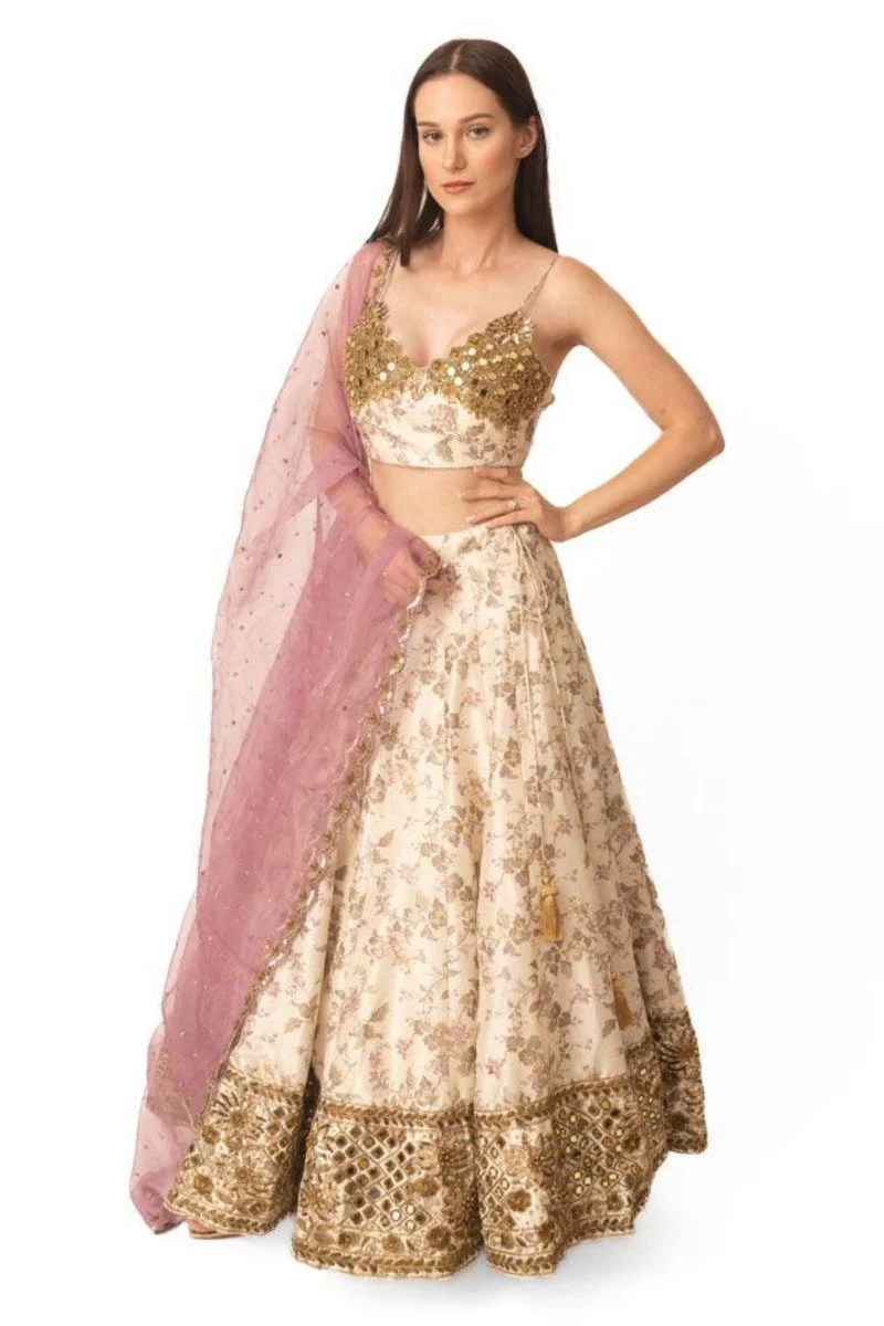 Beige Floral Lehenga Choli with Mirror Work - Ready-to-Ship Designer Wedding Wear USA - Image 8