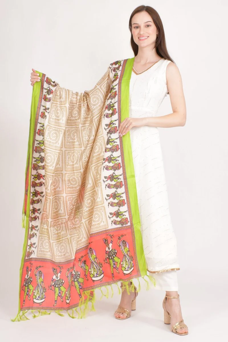 Beige Printed Cotton Silk Dupatta With Tassels