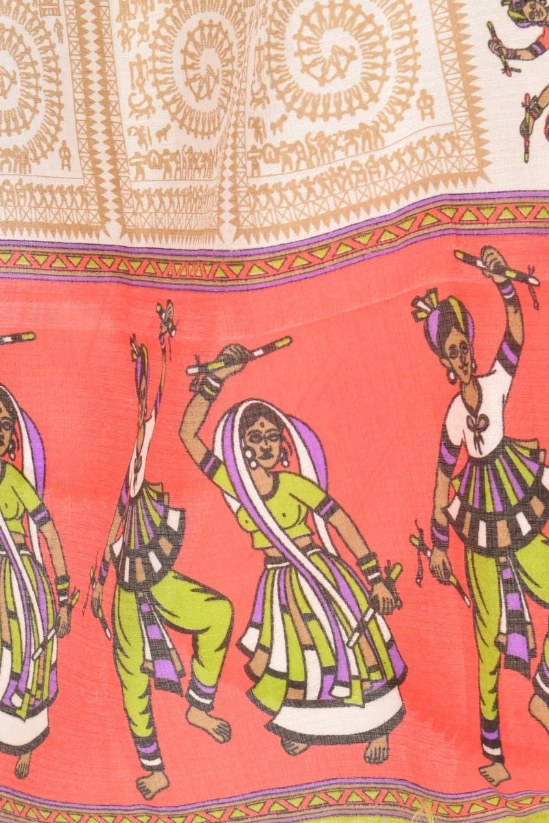 Beige Printed Cotton Silk Dupatta With Tassels - Image 3