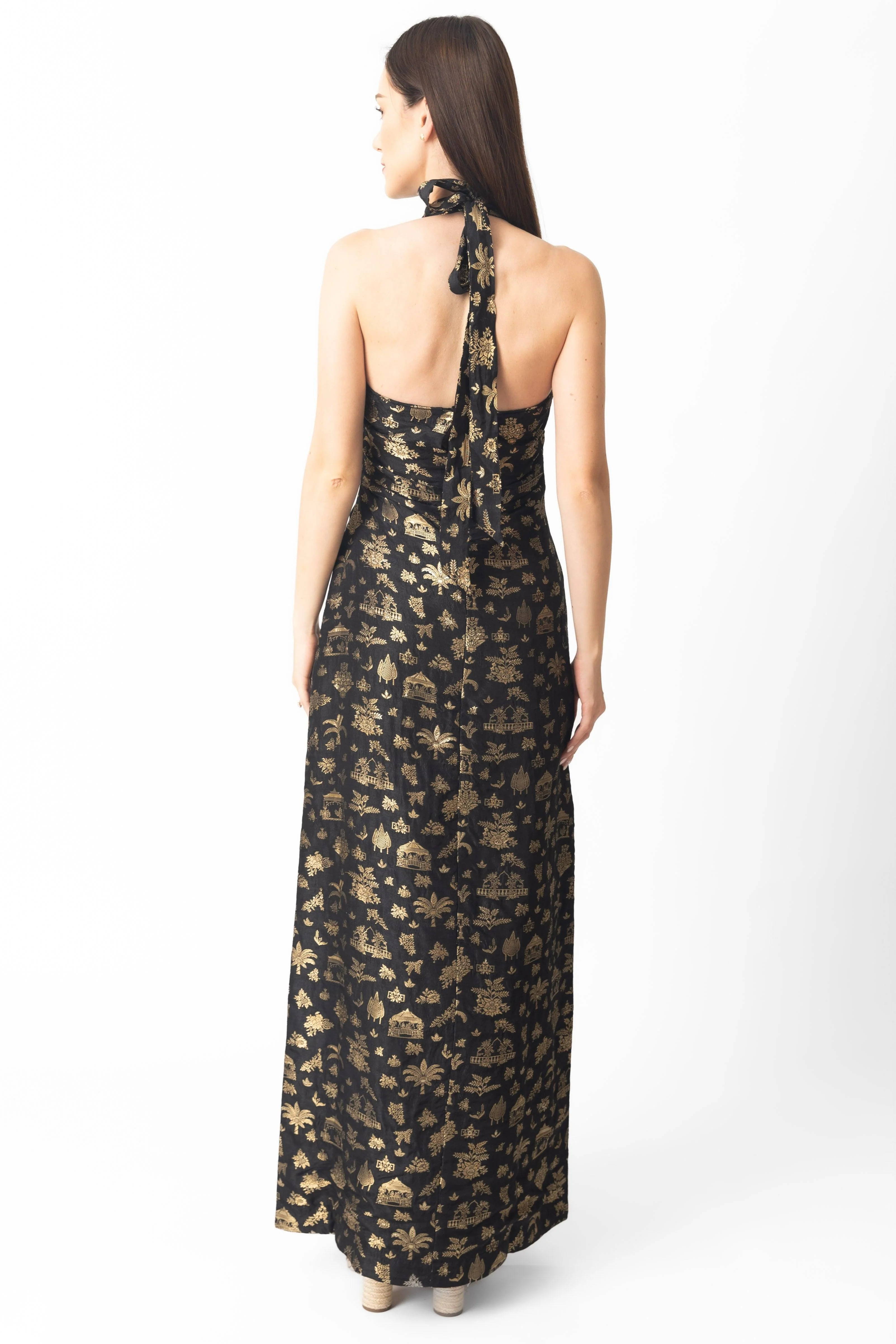 Black and Gold Halter Slit Long Dress - Image 2