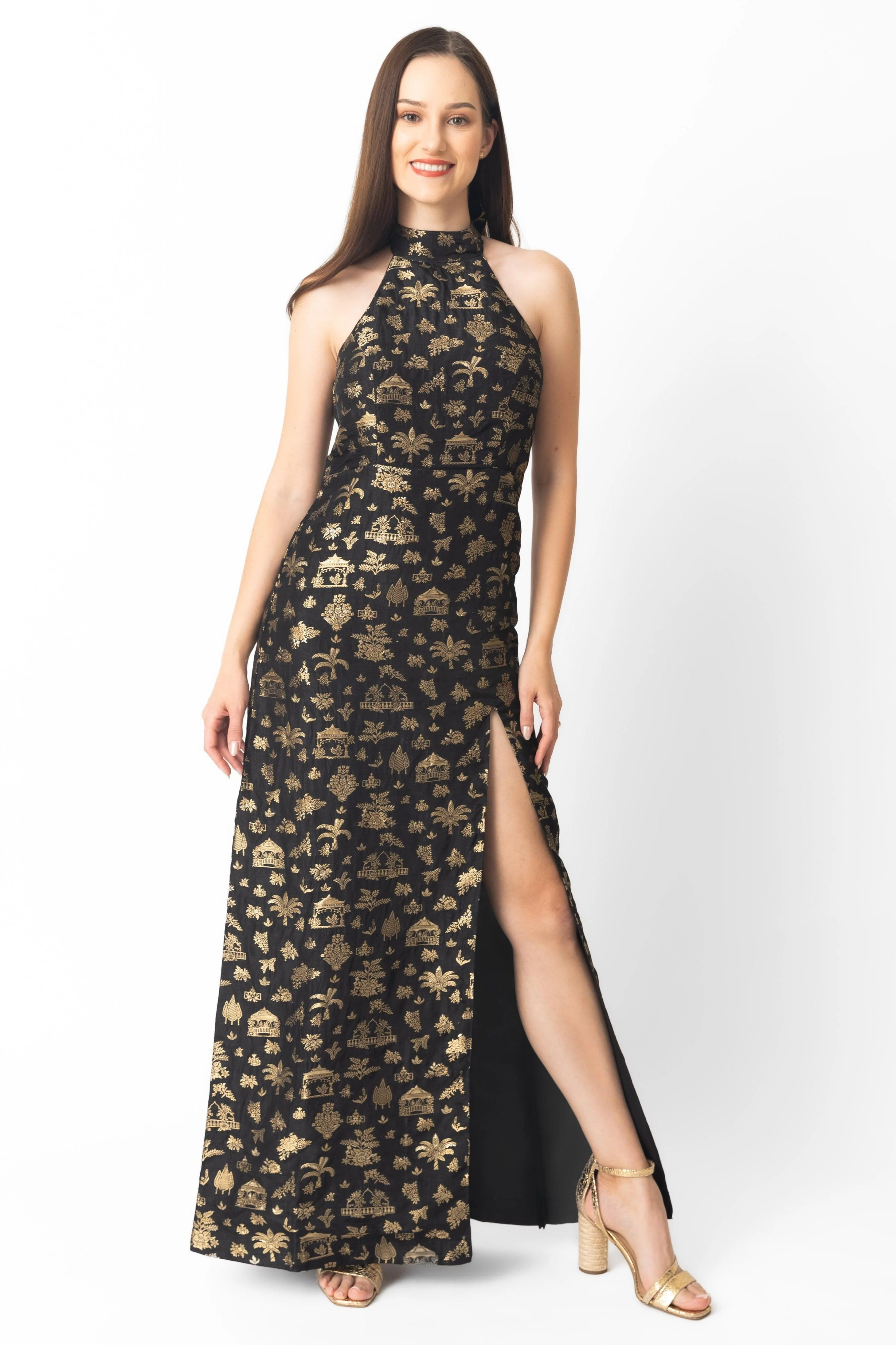 Black and Gold Halter Slit Long Dress - Image 4