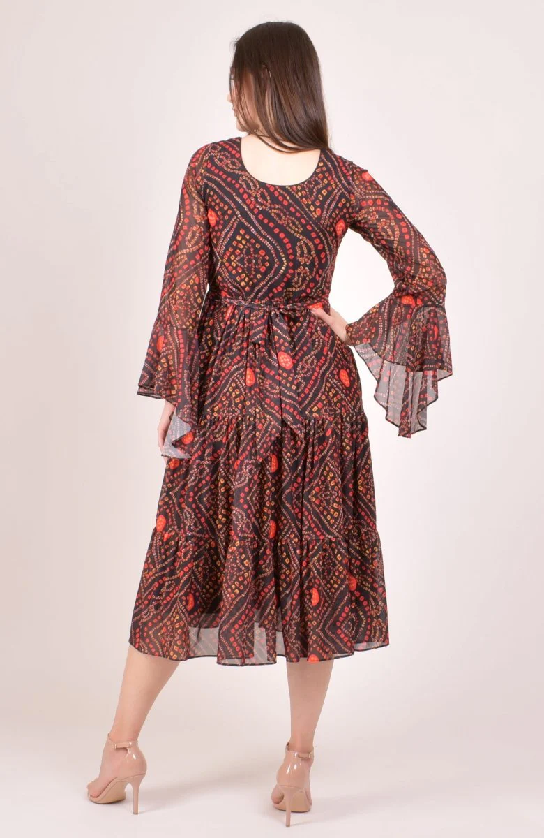 Black Bandhani Print Bell Sleeve Tiered Midi Dress - Image 2